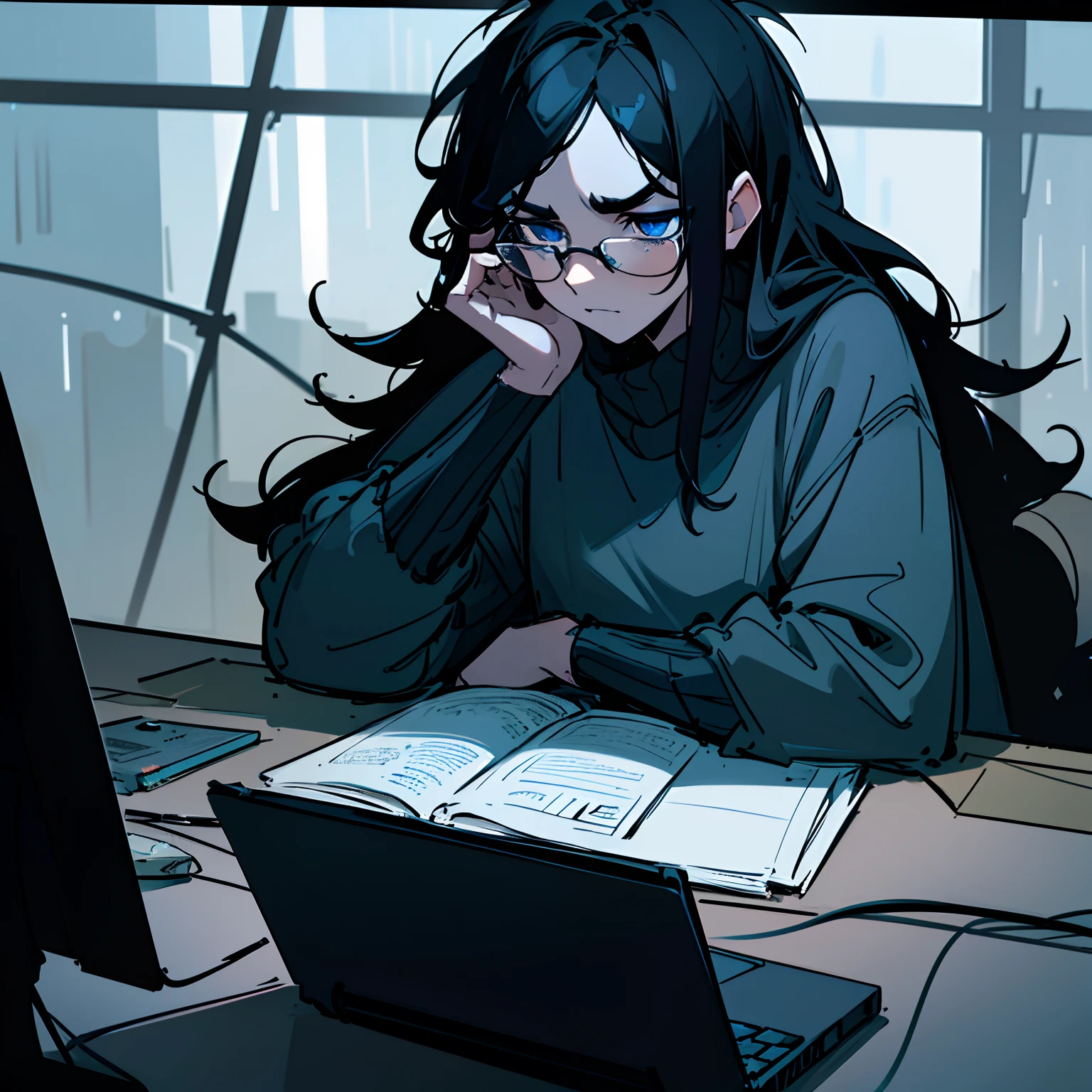 volumetric lighting, ambient lighting, highres, masterpiece, 8k, (dark blue eyes), tired, melancholy, depressed, detailed black hair, (messy hair), long hair, disheveled, unwashed, thick eyebrows, black sweater, (wearing glasses), rainy window in background, laptop computer, multiple tangled black electrical cables, led lights