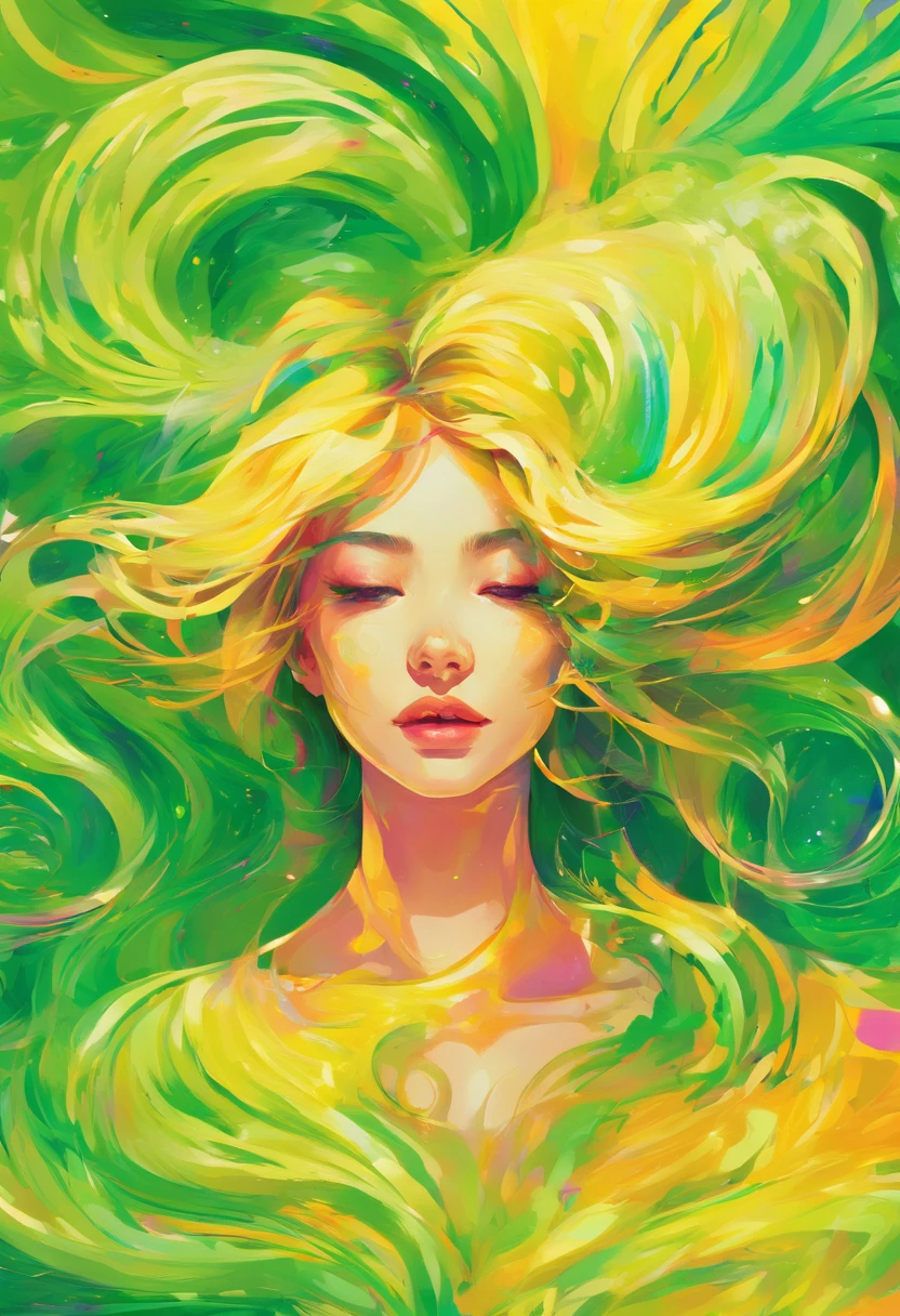 ((top-quality, 8K)), (Realistic), (Face Focus: 1.1), (Yellow and green: 1.3), Kawaii Girl, Hair fluttering in the wind, Facing to the side, (nudde: 1.1)、D Cup Breasts、