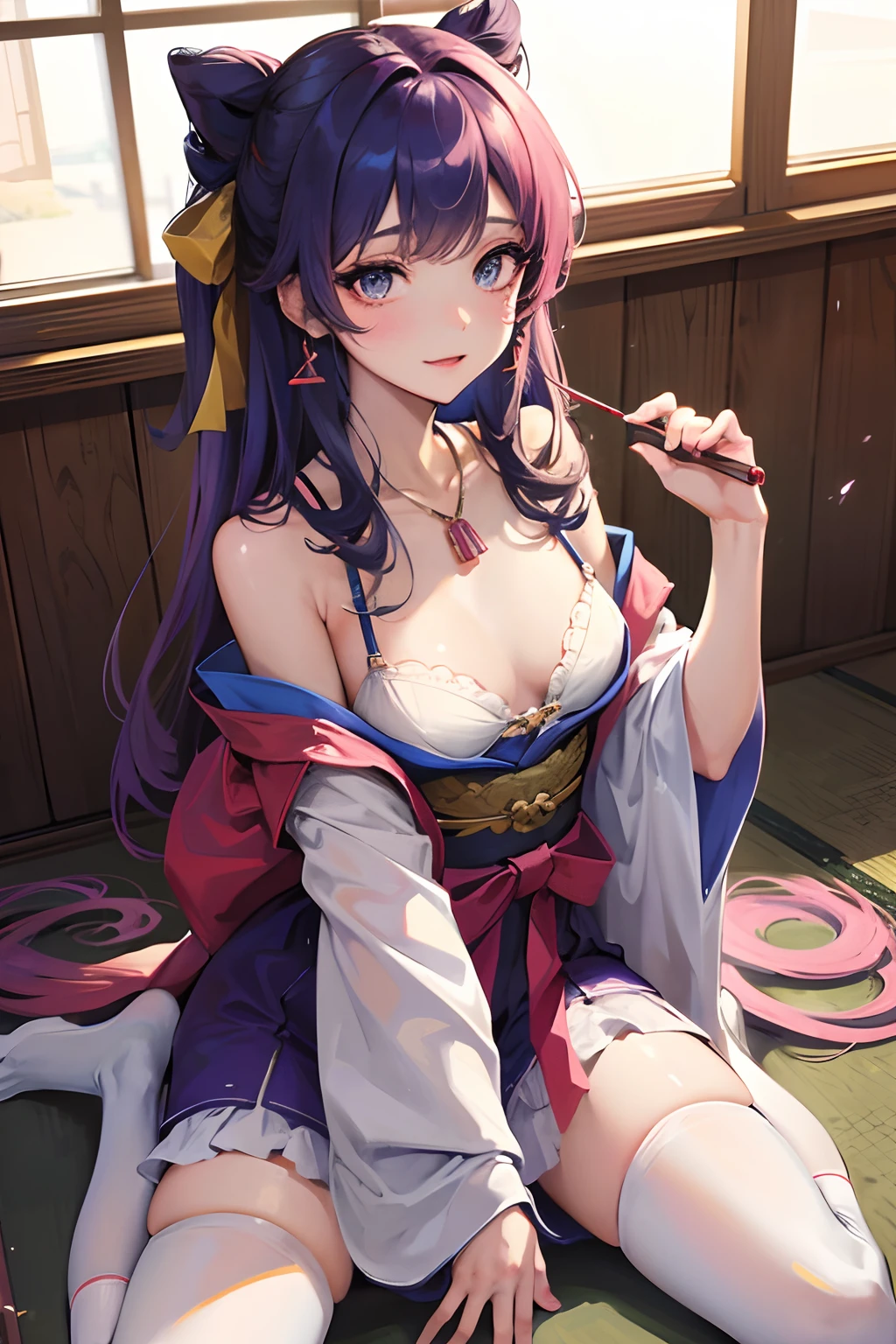 Masterpiece, Best quality, hindquarters_Visible_Through_Thighs, Cityscape, Real, A high resolution, Colorful, Girl, Long hair, Colored inner hair, curly_Hair, Beautiful detailed eyes, Light smile, Small breasts, Japanese_clothes, Obi, Frilled bra , white kneehighs, Earrings, Hair_bow, necklace, Sit on the, wariza/W-sitting, nipple tweak_thigh high,