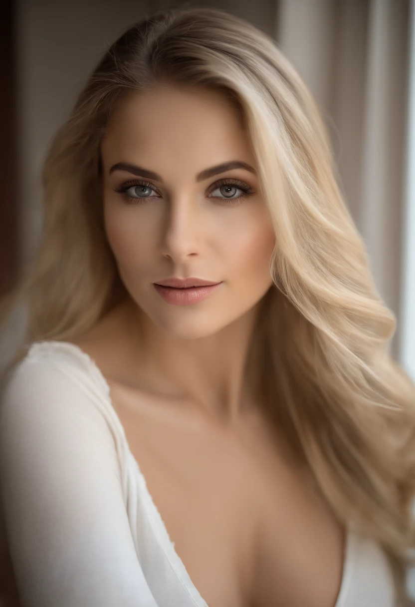 Portrait of a Girl, Sexy Girl with Brown Eyes, Portrait of de Corinne Kopf, Portrait of Krystal Boyd, Blonde Hair and Big Eyes, Selfie of a young woman, Makeup Without, Natural Makeup, Looking straight into the Camera, Face with Artgram, dezentes Makeup, Excellent full-length photo, In the room, Big breasts, Blonde milf, latina, Chest exposed, Shirtless