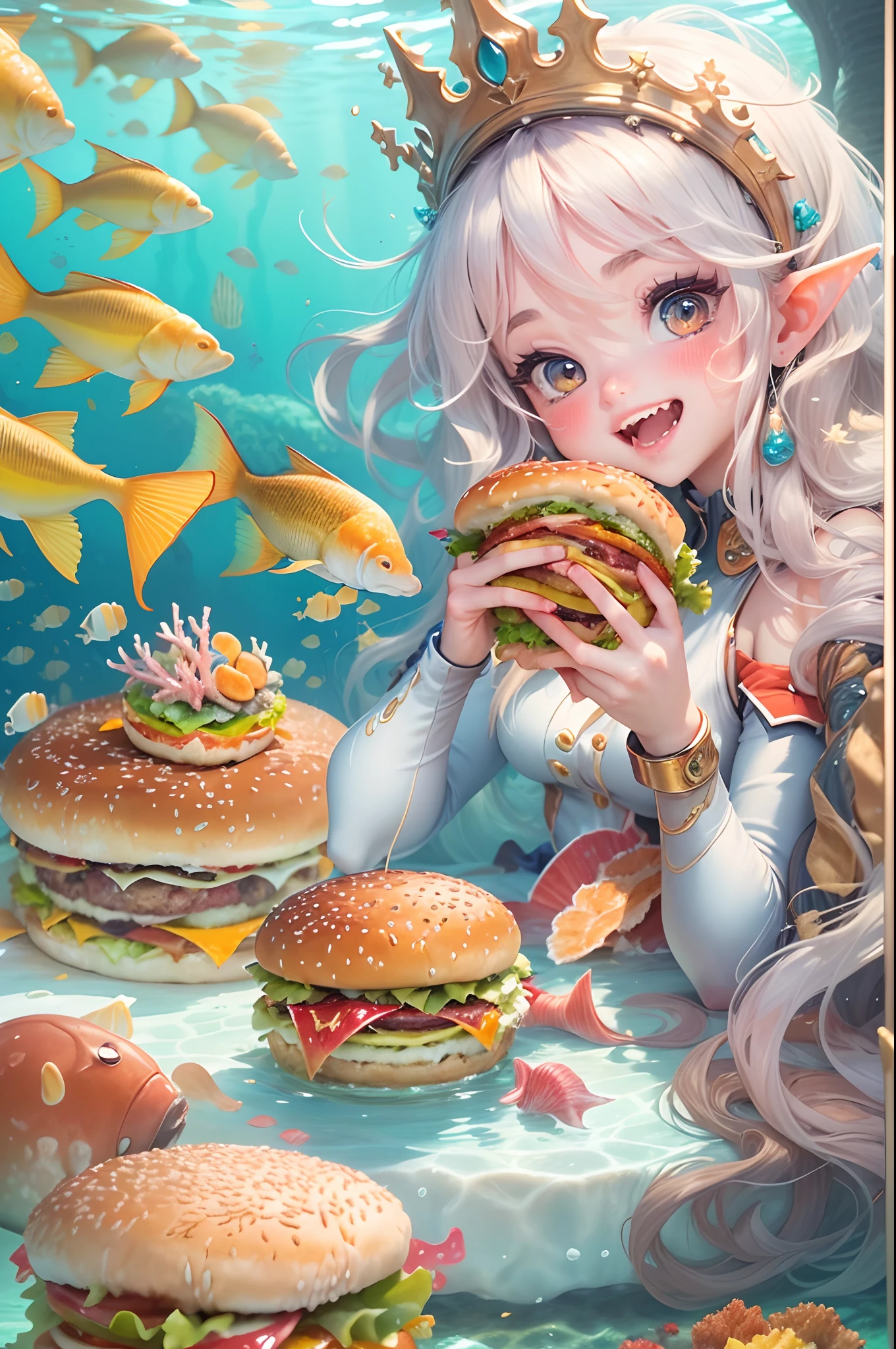 (A high resolution:1.2),sportrait,Fish Princess,(Hamburger in front of you),long whitr hair,Vivid colors,ears of elf,joyful expressions,chubby cheeks,Prepare to bite into a burger,Juicy burger,Delicious food,Close-up shot。((At the bottom of the sea,Marine life,the reef)).