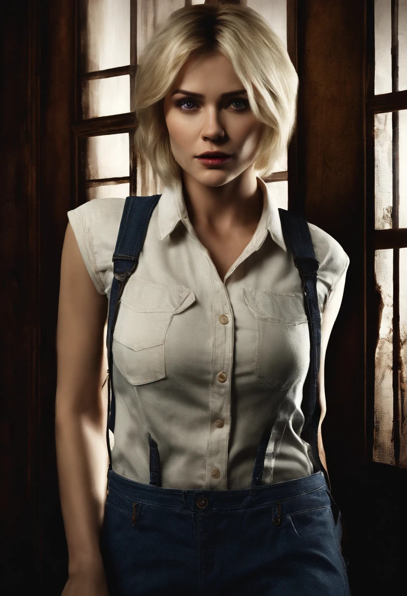 Silent Hill、Terrifying,A beauty with short blonde hair,Wear a white vest,denim pant,Hold a flashlight,In a spooky horror room,realistic scene,Spooky atmosphere,