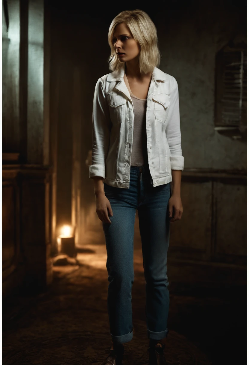 Silent Hill、Terrifying，A beauty with short blonde hair，Wear a white vest，denim pant，Hold a flashlight，In a spooky horror room，realistic scene，Spooky atmosphere，