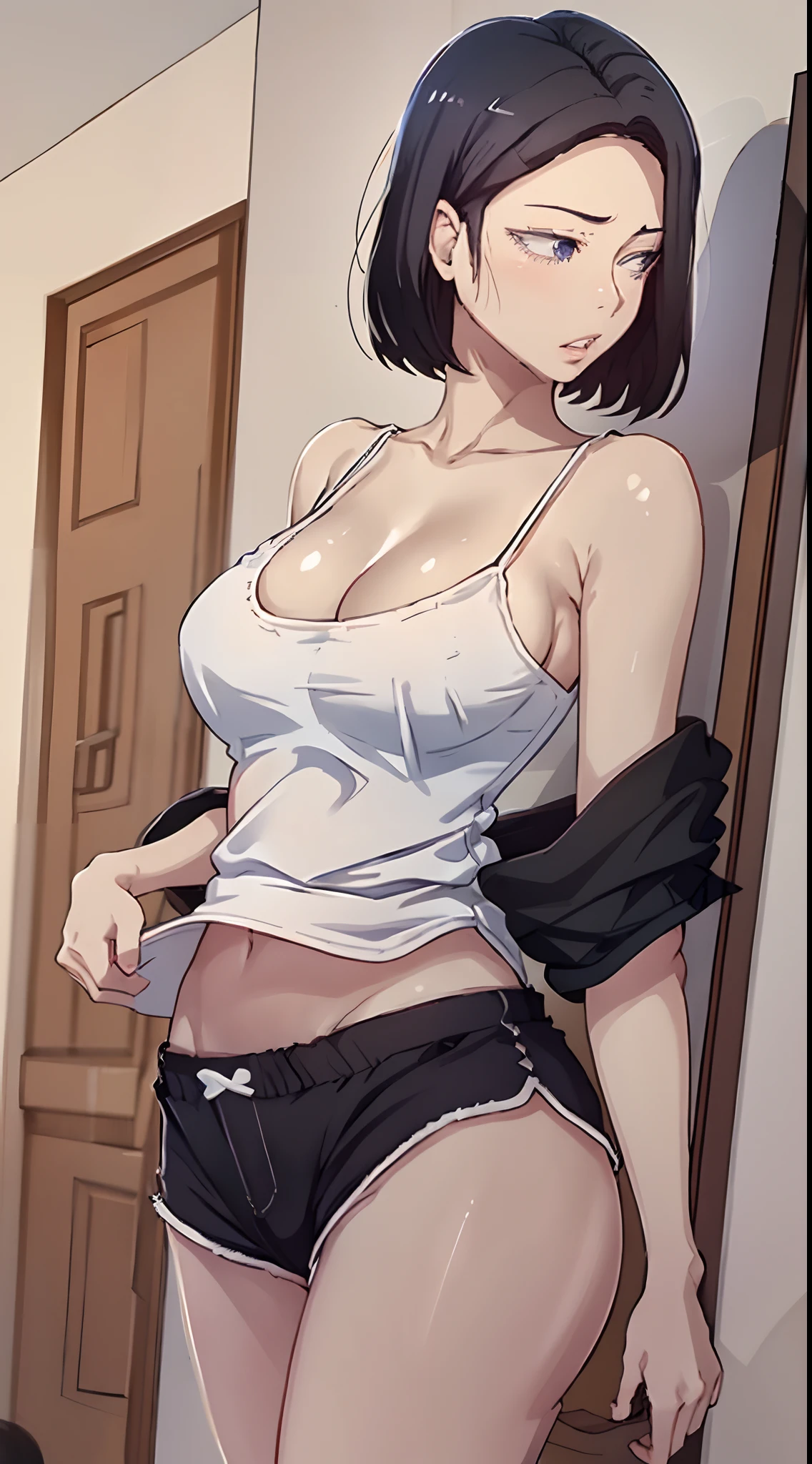 sooahdef, black hair, blue eyes, short hair
looking to the side, solo, breasts, parted lips, large breasts, looking away, camisole, cowboy shot, 1girl, black shorts, shorts, short shorts, bare shoulders, collarbone, cleavage
masterpiece, best quality