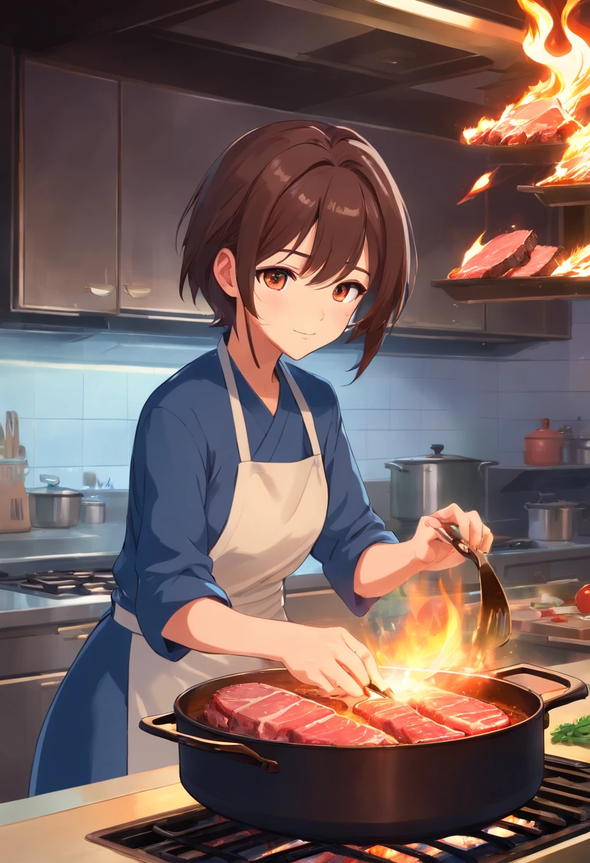 Character is cooking steak on a huge fire, In the style of star art group Xing, Realistic portrait, Handsome, gongbi, Romantic Academia, event, pastoral charm , 32K, Best Quality, masutepiece, Super Detail, high details