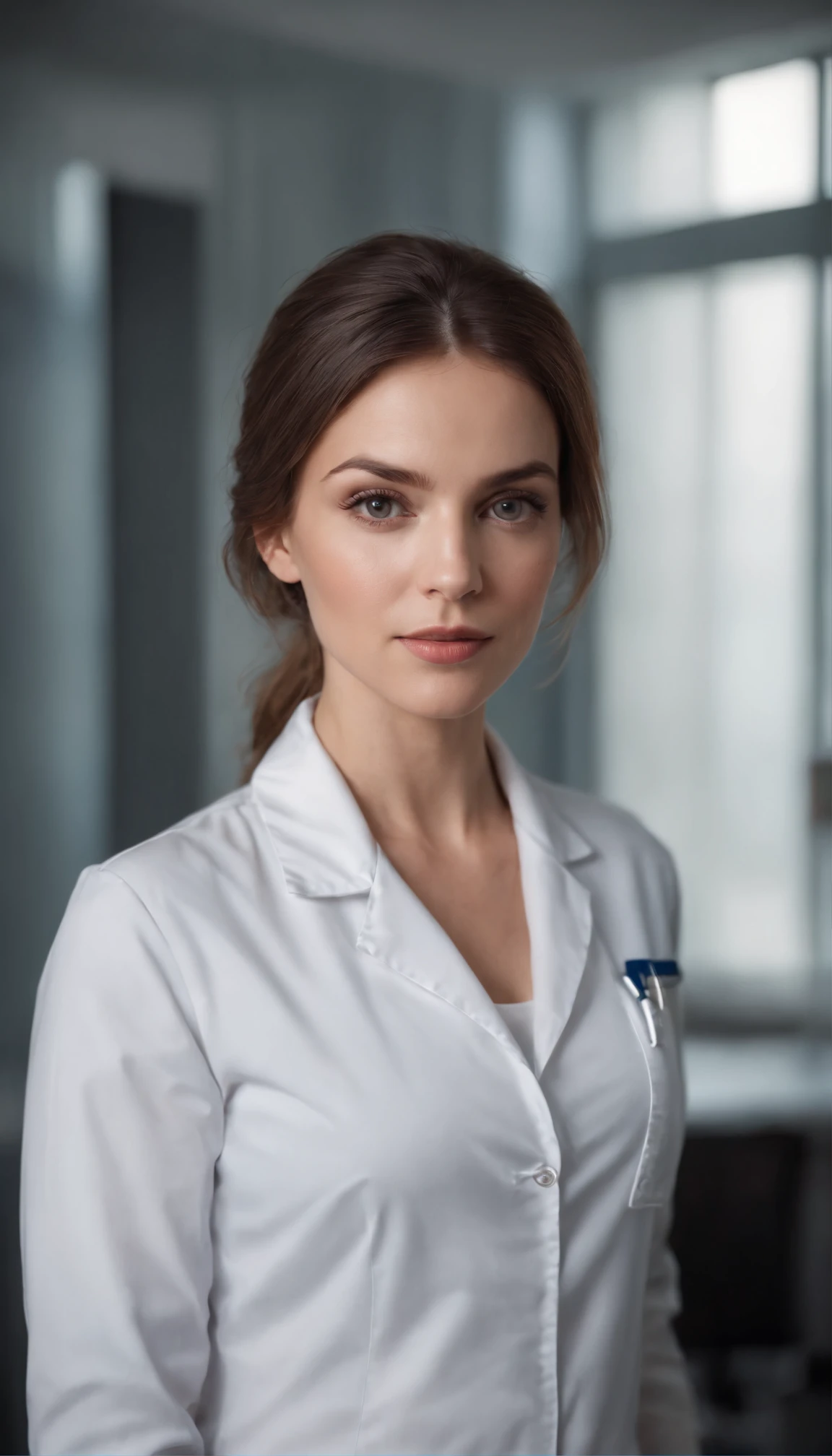 femme, doctor, cheveux courts broen, Pretty American Woman,27 ans, Behind the desk, longue blouse blanche, gentil snile, standing well in front of the camera, background: Dark Hospital ,