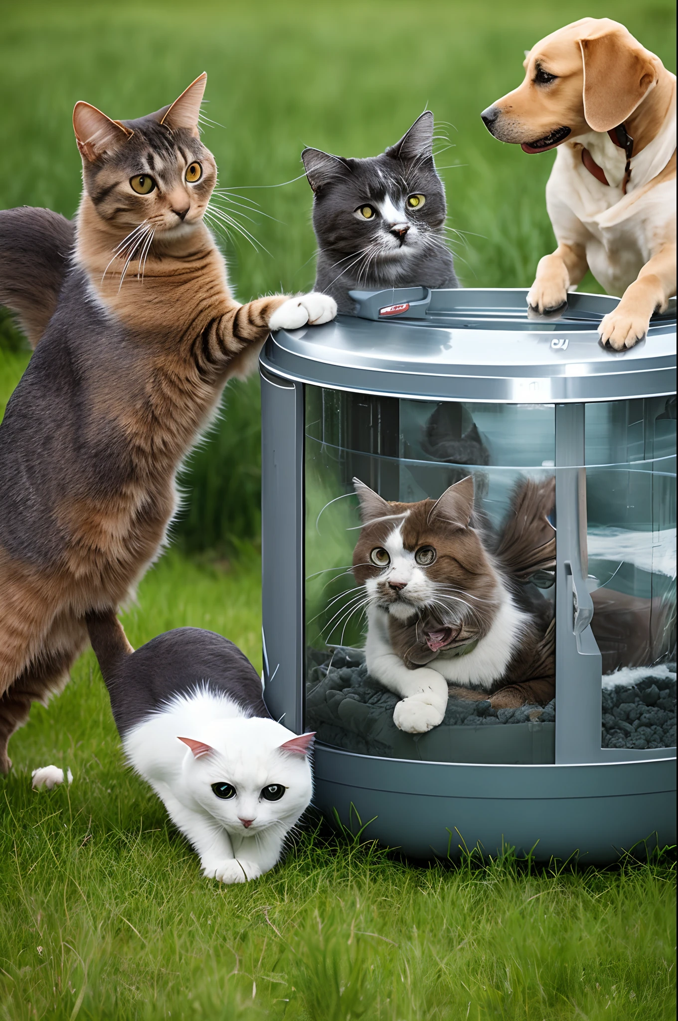 Cat in a tank and dog in a tank fight in the wilderness