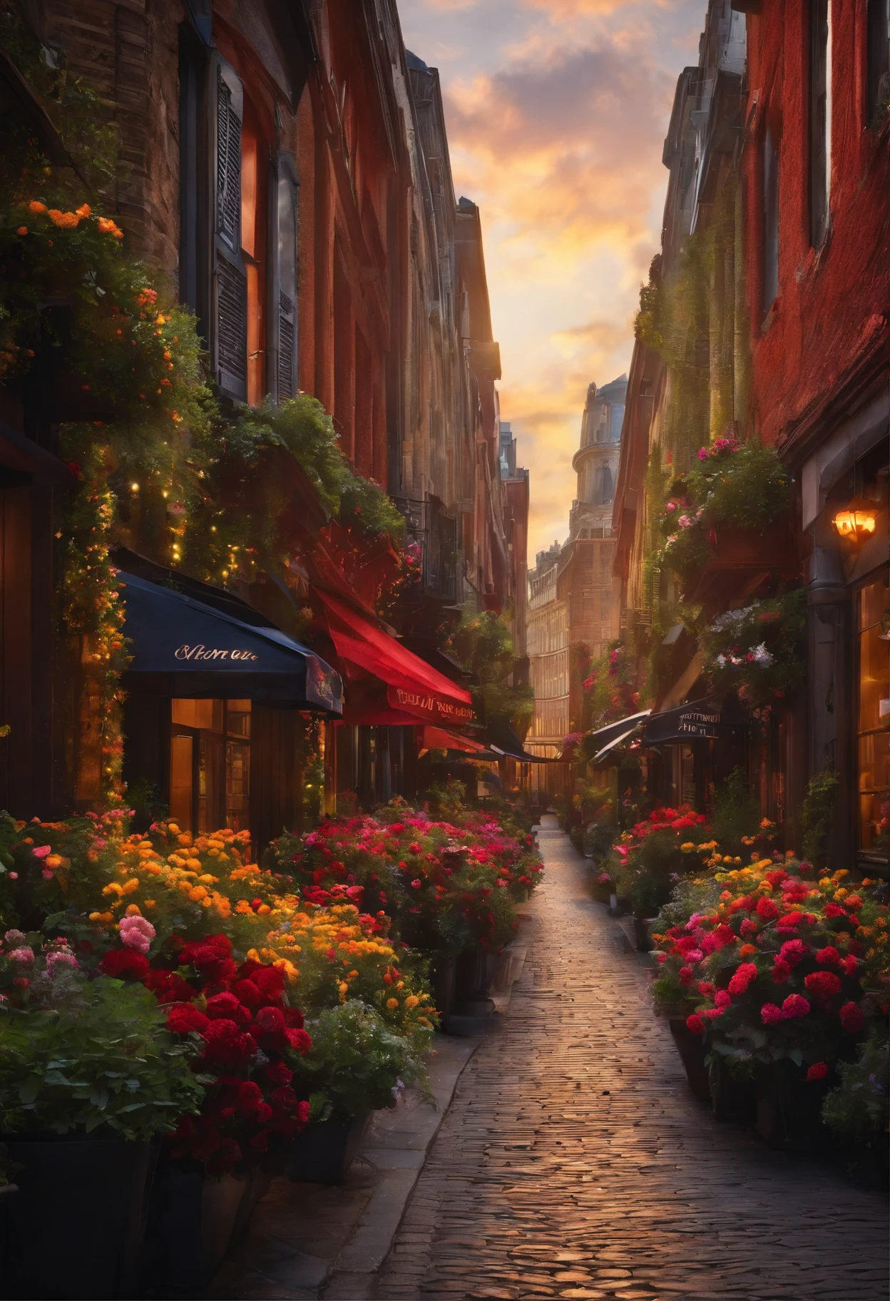 City streets with flowers, City streets with buildings