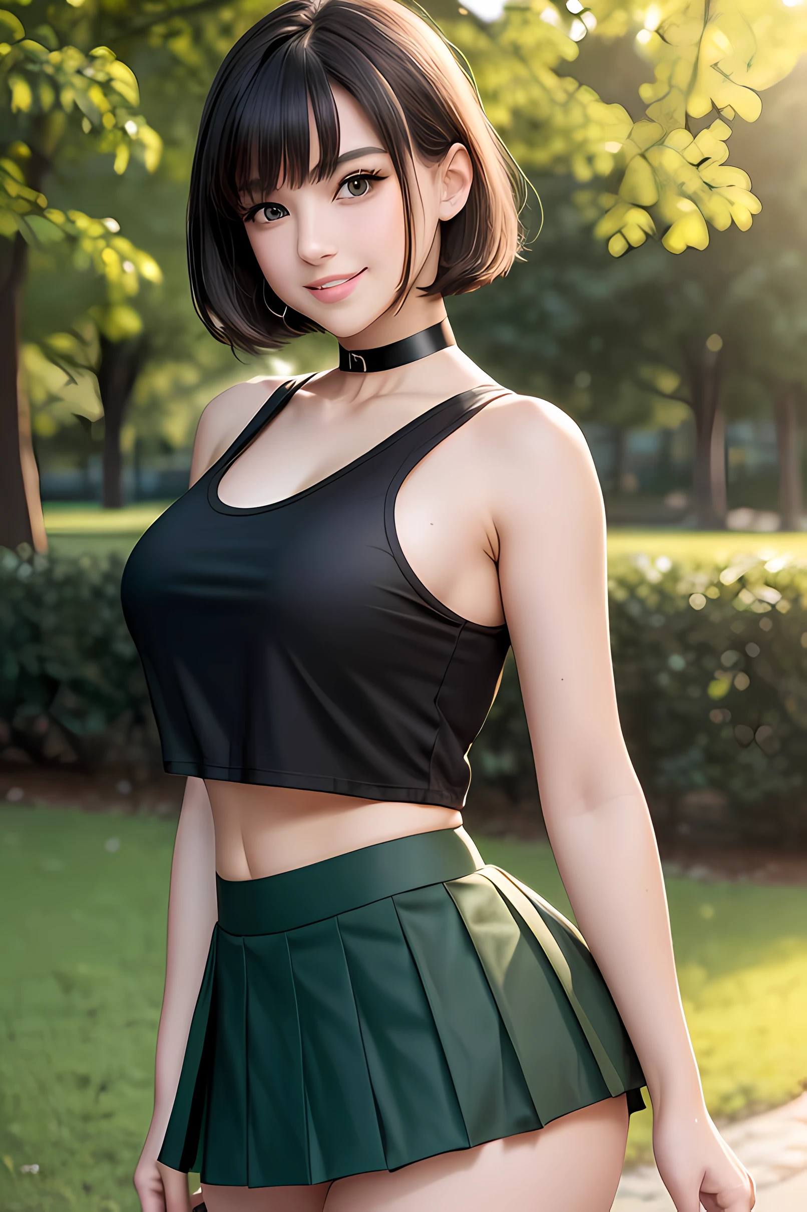 Masterpiece, Best Quality, 8K, Photographic Reality, (1 girl), ultra-detailed, beautiful lighting, standing up, beautiful scenery, blushing, smiling, (cute smile:1,1), (glossy lips:1.1), beautiful eyes, wonderful background, closed mouth, short hair, shy, bob hair, bangs, black_choker, crop_top, (black tank top), black hair, (black pleated mini skirt), in park, Beautiful female, medium breasts, (green eyes:1.3)
