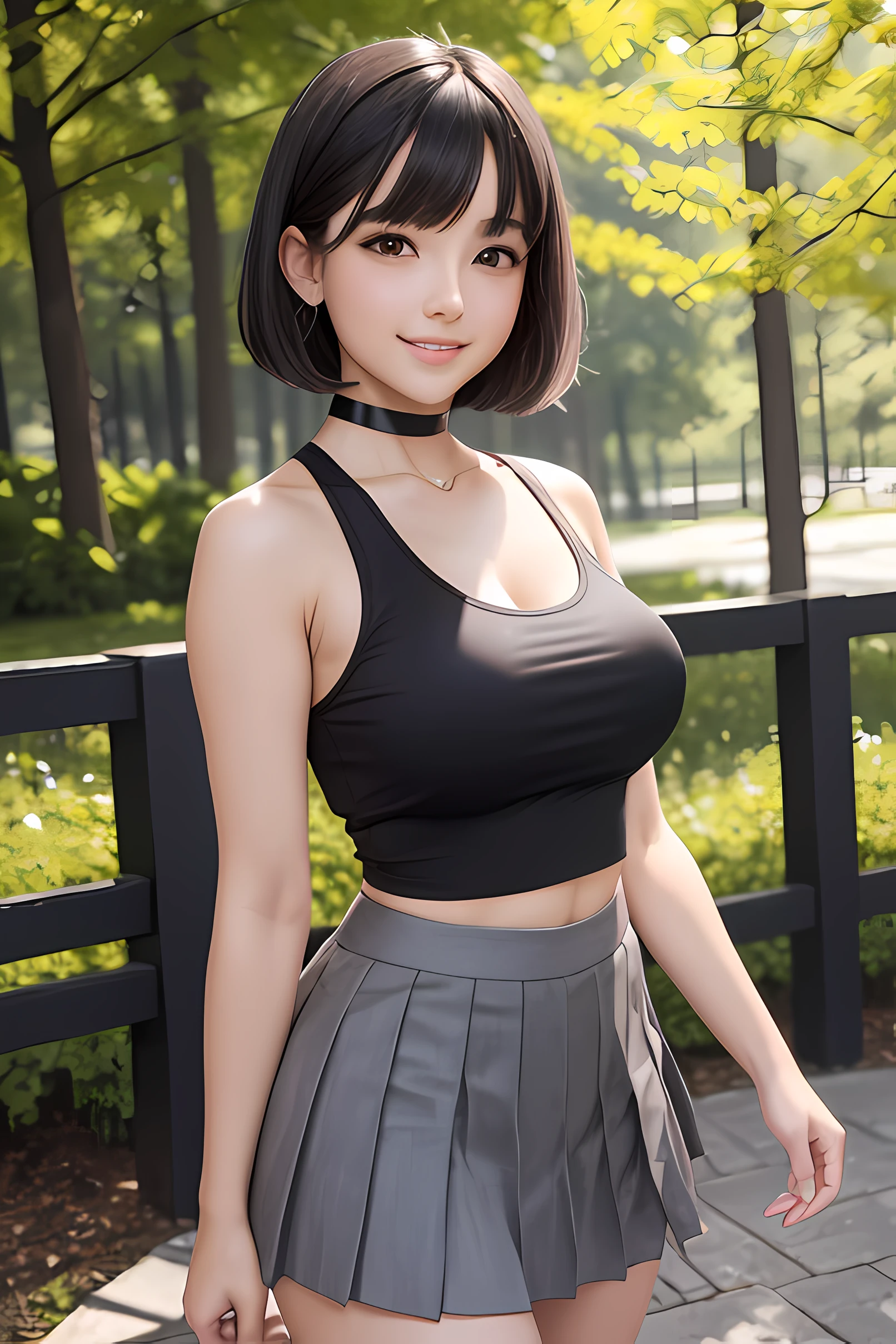 Masterpiece, Best Quality, 8K, Photographic Reality, (1 girl), ultra-detailed, beautiful lighting, standing up, beautiful scenery, blushing, smiling, (cute smile:1,1), (glossy lips:1.1), beautiful eyes, wonderful background, closed mouth, short hair, shy, bob hair, bangs, black_choker, crop_top, (black tank top), black hair, (black pleated mini skirt), in park, Beautiful female, medium breasts, (gray eyes:1.3)