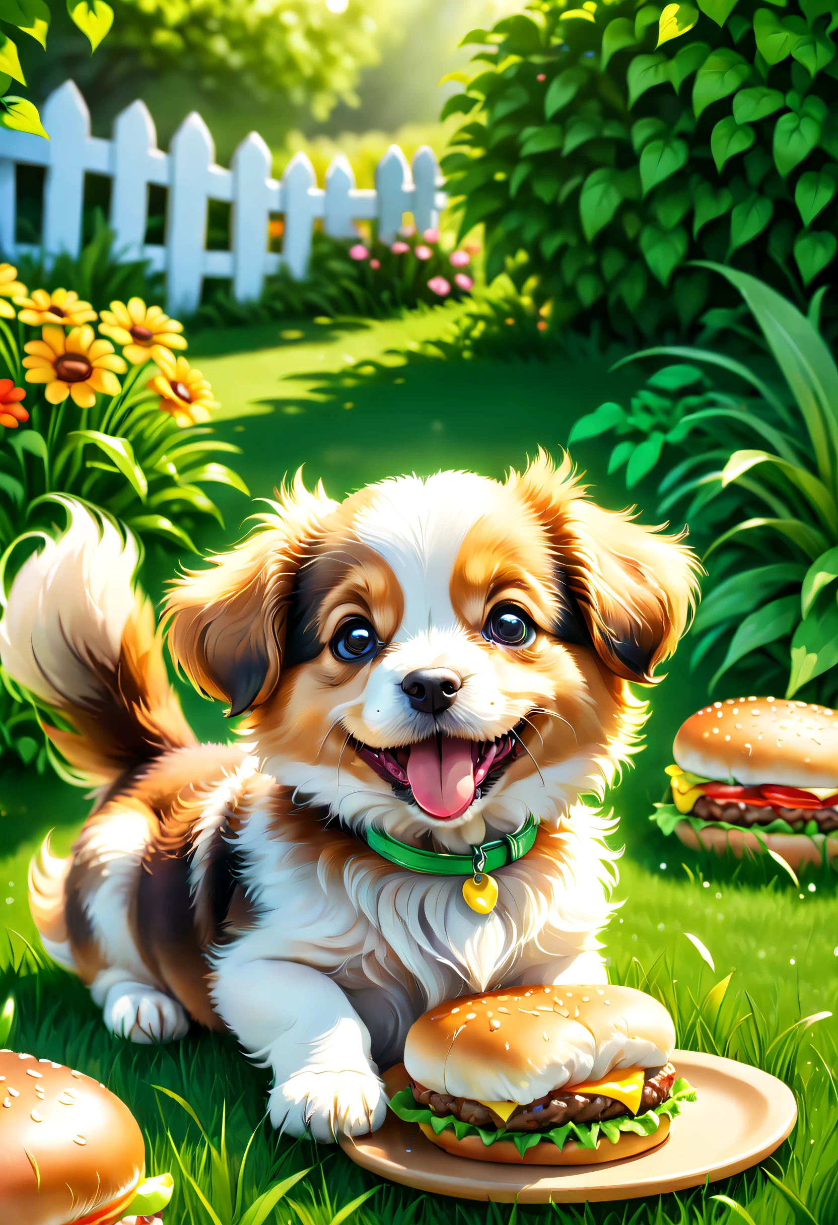 A cute dog eats hamburgers, Furry friends, Adorable puppy, Enjoy delicious meals, joyful expressions, wagging tail, Sit on the vibrant green grass, Colorful garden, Sunny day, image in high resolution, Detailed fur texture, Realistic rendering, Vivid colors, Natural lighting.