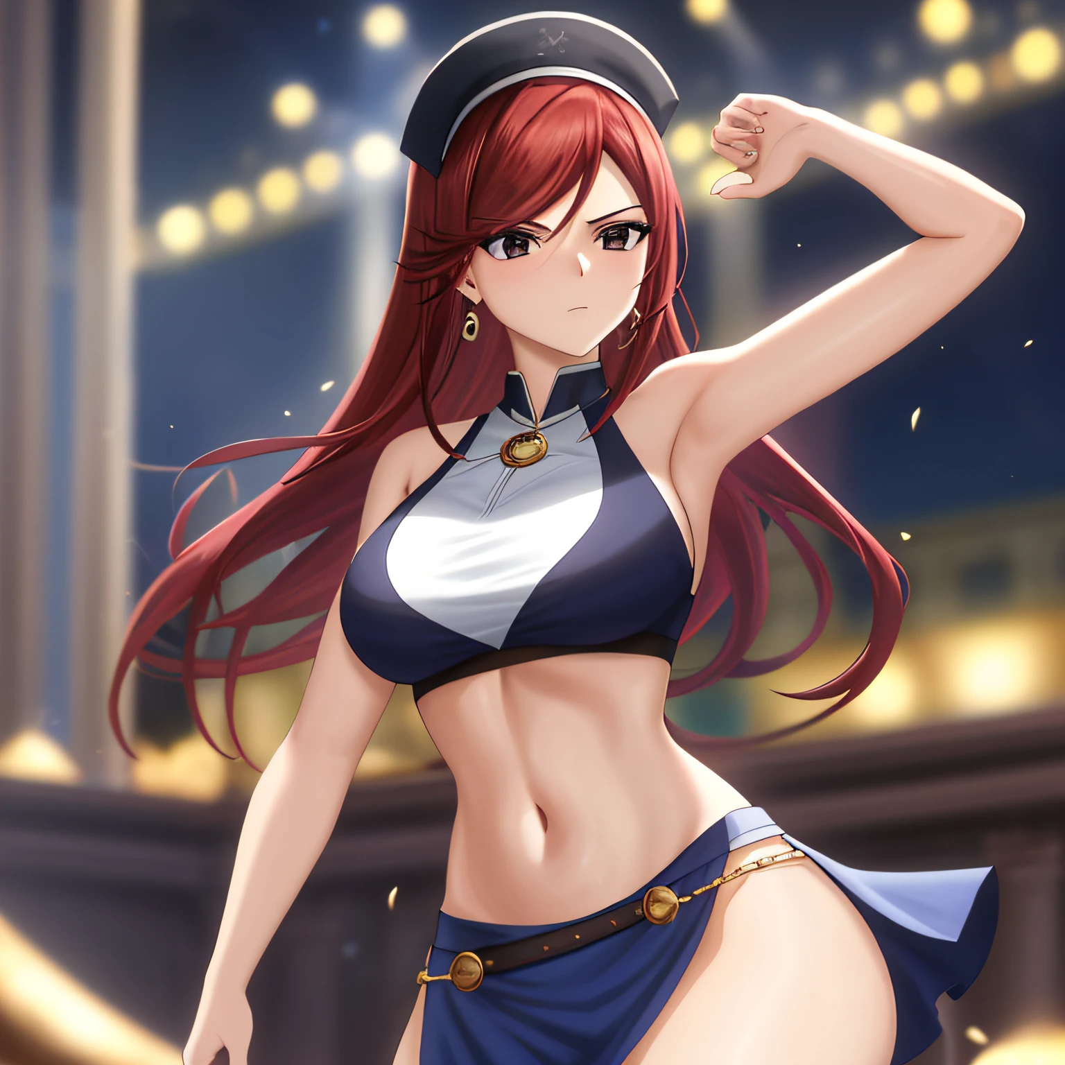 La mejor calidad, Erza, 1girl, solamente, largo_cabello, senos, Looking_en_espectador, inexpresivo, big size ass_senos, brown_ojos, escote, 鎖骨, rojo_cabello, cabello_sobre_Uno_ojo, trono, alta calidad, bailar, Dancer, Ropa de baile, barriga, stomach, Bedlah, Cara perfecta,ojos expresivos, black eyes , big breasts, armpits