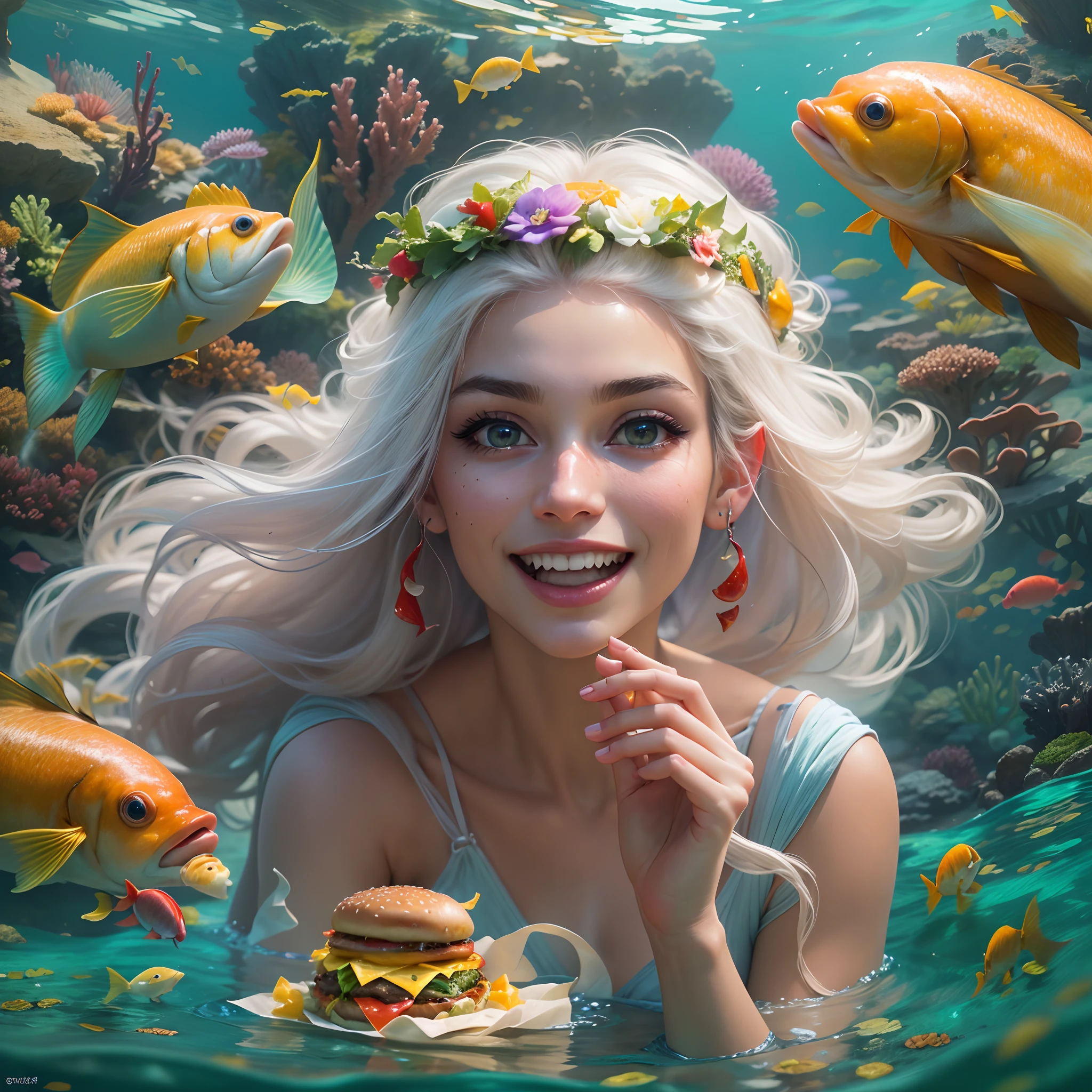 sportrait,Fish Princess,(Hamburger in front of you)In the center of the picture,long whitr hair,Vivid colors,ears of elf,joyful expressions,Prepare to bite into a burger,Juicy burger,Delicious food,Close-up shot。At the bottom of the sea,Marine life,the reef.(Best quality,4K,8K,A high resolution,Masterpiece:1.2),((Realistic,Photorealistic,photo-realistic:1.37))