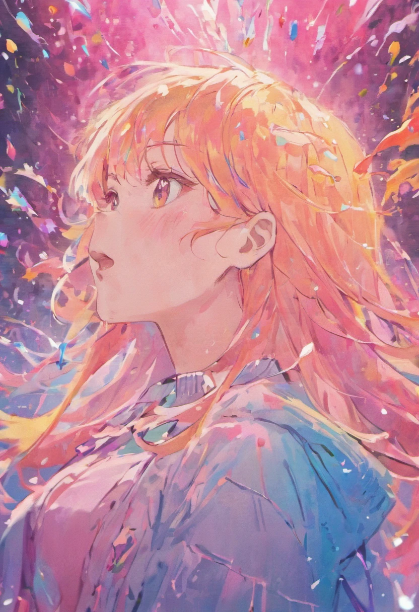 （tmasterpiece、best qualtiy、A high resolution），white backgrounid，（（paint splatter，splash of color，Splash ink、Color splattering）），girl，rainbow hair，Pink lips，Side 3 sides，The upper part of the body