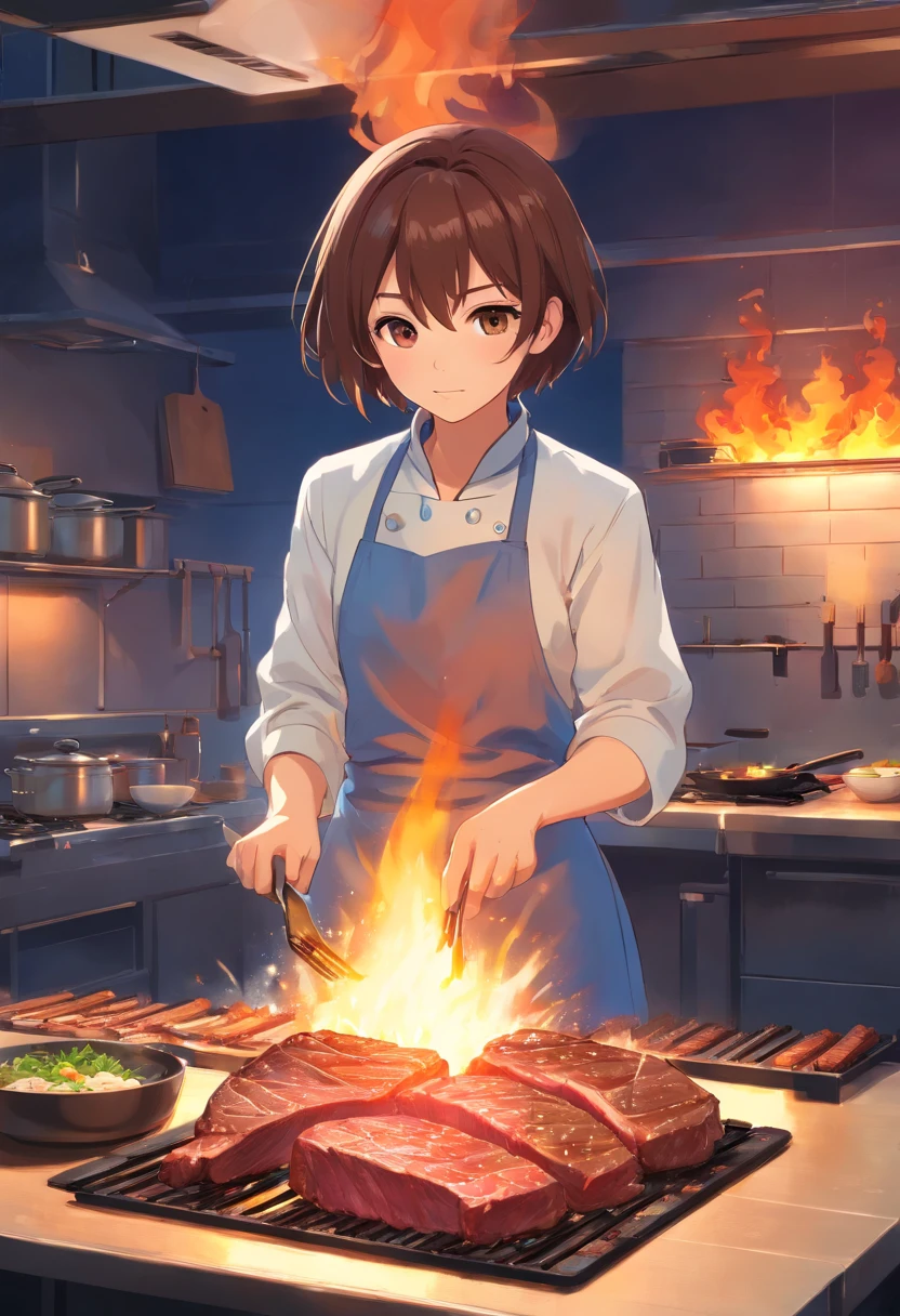 The character is cooking a steak on a huge fire, In the style of the star art group Xing, Realistic portrait, Handsome, gongbi, Romantic Academia, event, pastoral charm , 32K, Best Quality, masutepiece, Super Detail, high details