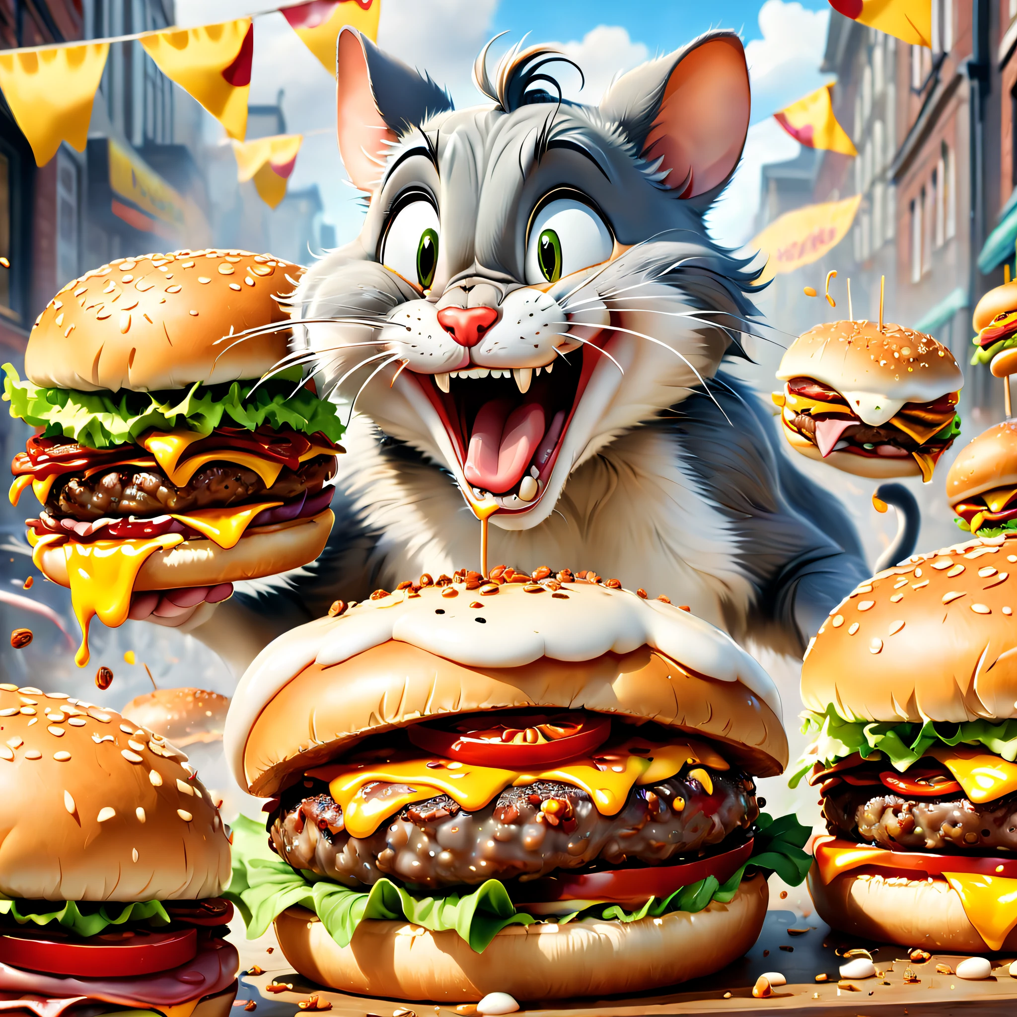 Tom and Jerry quarrel over juicy and delicious hamburgers, Chaotic scenes, Detailed facial expressions of Tom and Jerry, Fierce competition between them, Funny and exaggerated facial features, Iconic characters, Exaggerated body movements, Dynamic action, Vibrant colors, cartoonish style, 2D animation, Fast-paced scenes, Exaggerated perspective, Messy background, Intricately textured burgers, Burgers that induce drooling, Realistic textures on burgers and bread, A mouthwatering condiment oozing from Hamburg, Appetizer toppings, Crunchy lettuce, juicy tomatoes, melted cheese, Crispy bacon, Spit sesame seeds on bread, Wisps of steam rise from the burger, Mouth-watering aroma, Extreme close-up of Tom and Jerry's faces, Sweating and panting, Wild and humorous expressions, Exaggerated saliva flows from the mouth, Exaggerated cartoon sweat drops, Strong gaze, Desperately grab burgers, Exaggerated speed lines, Exaggerated dust clouds, Mouse hole in the background, All kinds of funny attempts,Beat each other, Explosive energy, Exaggerated body twists, The humorous props and gadgets used by Tom and Jerry, Farce humor, Multiple Hamburg-related accidents, Exaggerated facial reaction to the taste of burgers, The ultimate satisfaction and joy for those who have successfully occupied Hamburg. (Best quality,4K,8K,A high resolution,Masterpiece:1.2),Ultra-detailed,(Realistic,Photorealistic,photo-realistic:1.37),Vibrant colors,Dynamic and eye-catching animations,Witty and humorous facial expressions,Wonderful exaggerated body movements,Fun props and gadgets used by Tom and Jerry,Crisp and mouthwatering burger texture,Iconic cartoon characters,Chaotic and comical scenes,Charming and exaggerated facial features,cartoonish style,Fast-paced and dynamic scenes, exaggerated perspectives,Crunchy lettuce,juicy tomatoes,Sticky cheese,Crispy bacon,enticing aroma,Desperately grab burgers, Exaggerated speed lines,