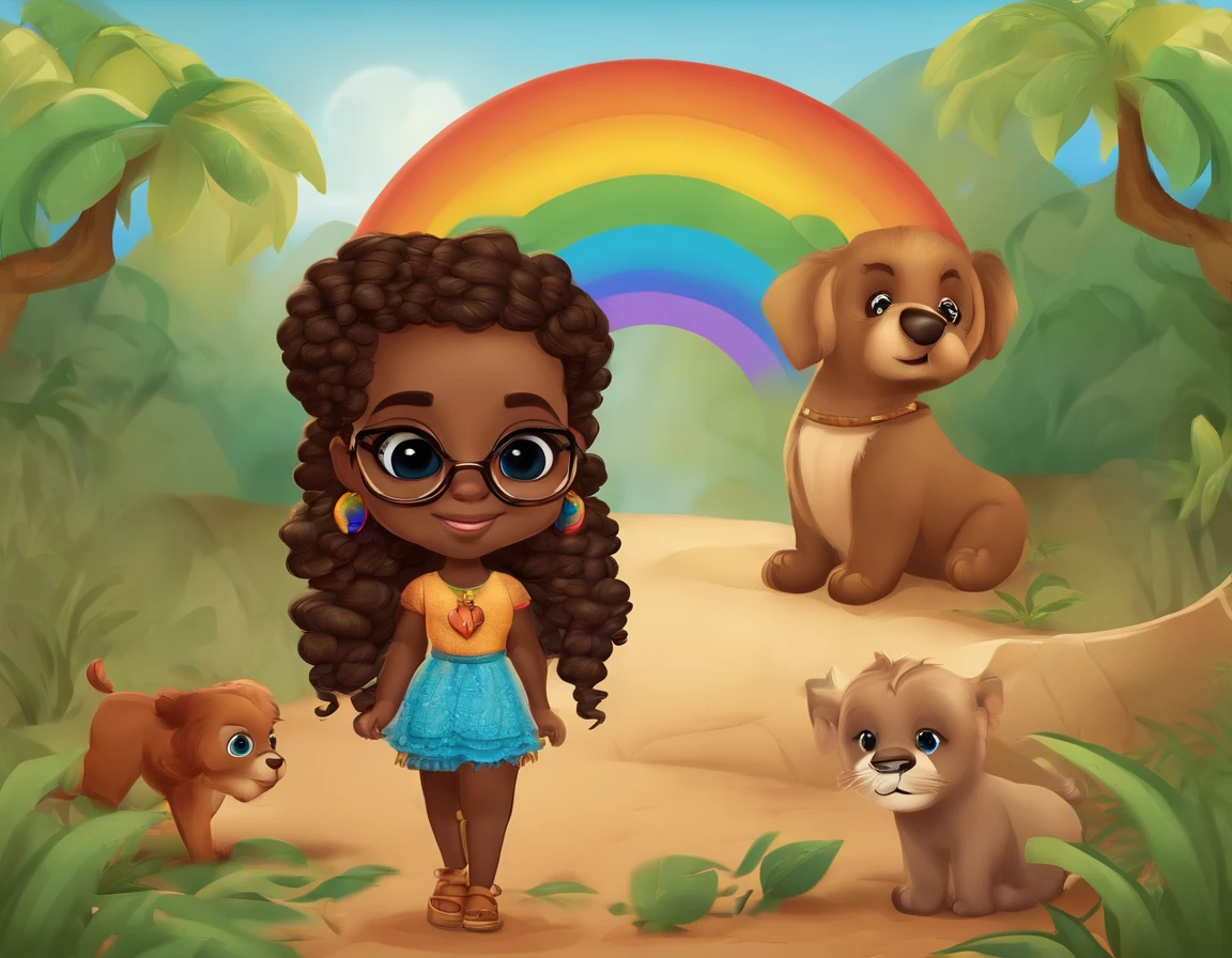 africana, cabelo cacheado, chibi, corpo inteiro, olhos grandes e castanhos, sentada, In the background a rainbow with the word "BEATRIZ",Background Silica Color, com vestido laranja, bespectacled, imagem 3d