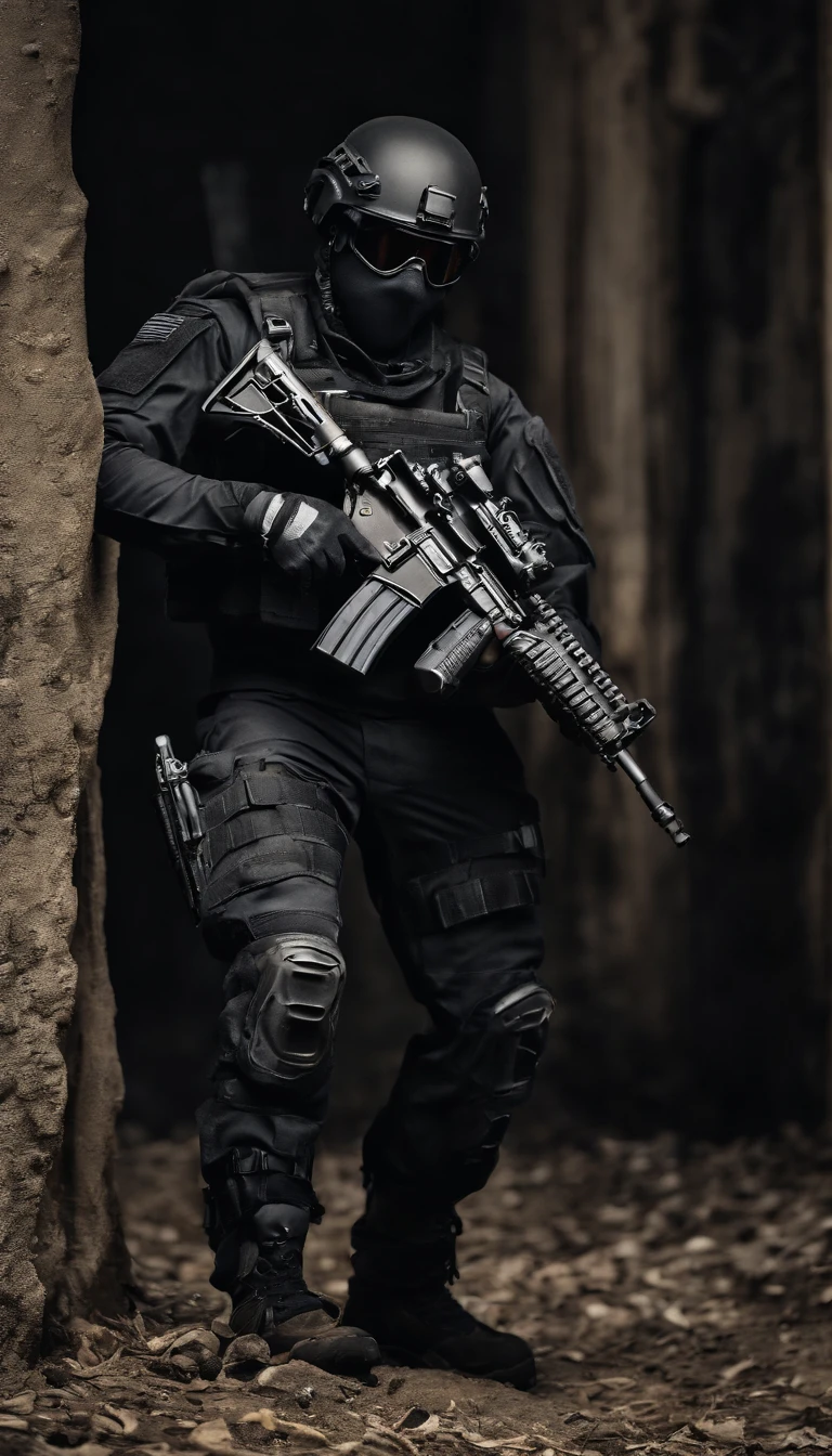 (Best quality,4K,8K,A high resolution,Masterpiece:1.2),Ultra-detailed,(Realistic,Photorealistic,photo-realistic:1.37), One of them wore a black SWAT uniform，Man in black helmet, A man in a black mask holds a gun, Air rifle CQB, French Special Operations, realistic soldiers, Soldiers in tactical equipment, tactical gear, cinematic —ar 16:9, realistic military equipment, Tactical armor, Black tactical equipment, combat outfit, Futuristic soldier costume, special forces security(Best quality,4K,8K,A high resolution,Masterpiece:1.2),Ultra-detailed,(Realistic,Photorealistic,photo-realistic:1.37), One of them wore a black SWAT uniform，Man in black helmet, A man wearing a black skull mask holds a gun, Air rifle CQB, French Special Operations, realistic soldiers, Soldiers in tactical equipment, tactical gear, cinematic —ar 16:9, realistic military equipment, Tactical armor, Black tactical equipment, combat outfit, Futuristic soldier costume, special forces security