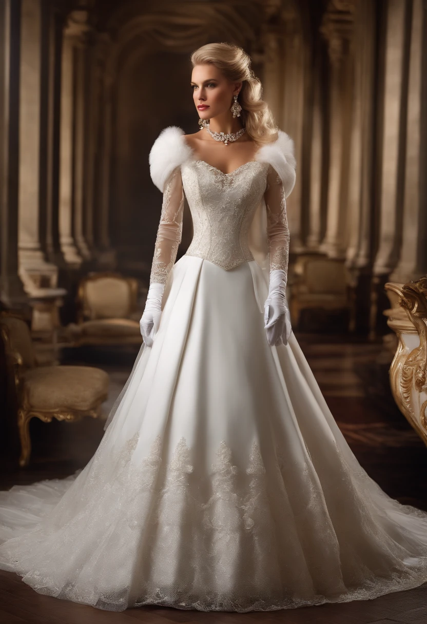 Best quality, Masterpiece, The noble queen wears a stately and exquisite royal wedding dress in white satin tulle,Wear extra-long white gloves,Decorated with a huge ribbon bow, Lace, frilld, Woven pleats, Embroidery and jewelry, With large puff sleeves, Hourglass waist and voluminous Crinoline hoop skirt, bustle, and trains, white long gloves, pearl necklace and earrings, Long, Straight blonde hair hung loosely