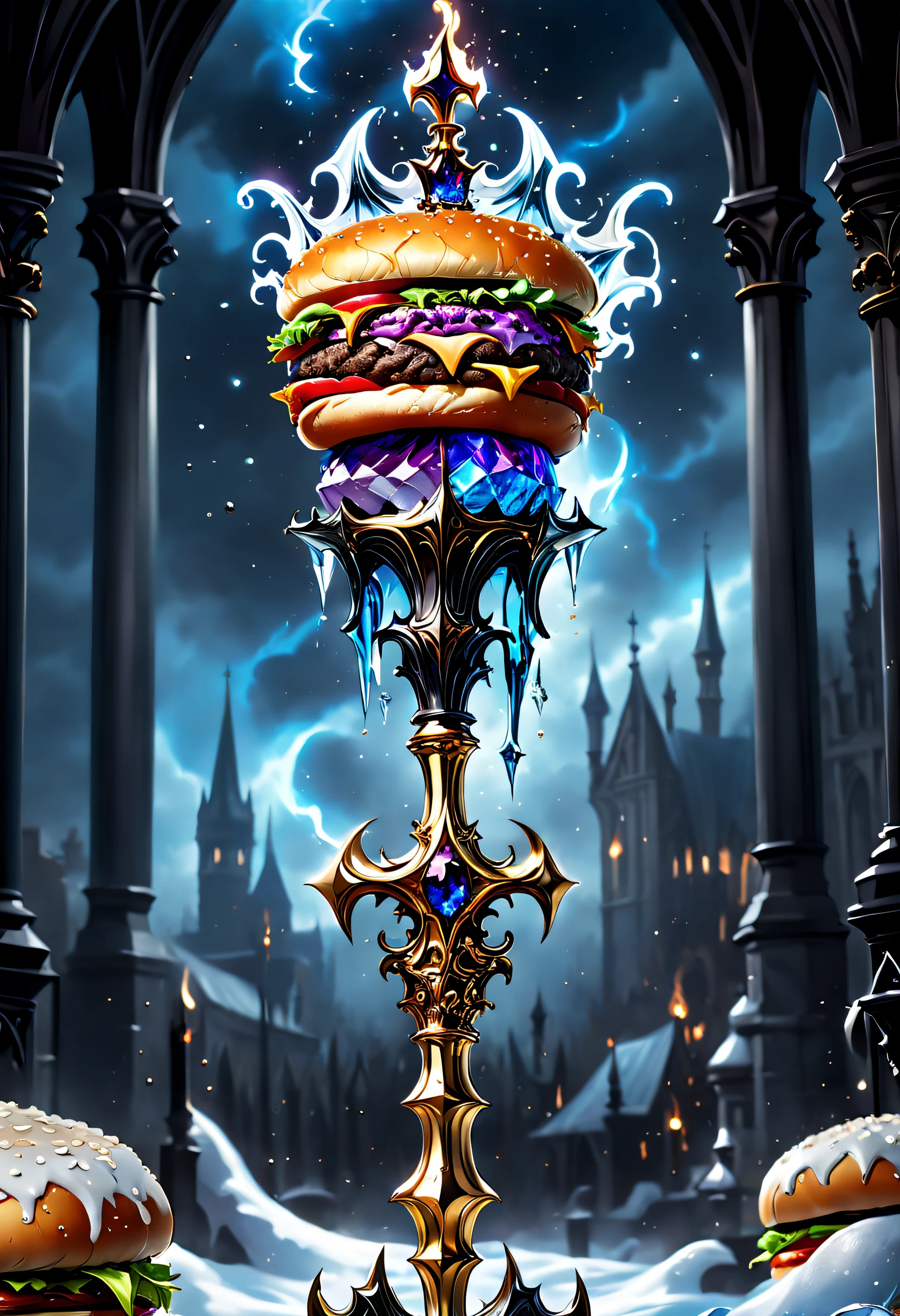 (8K, 16k, Award-winning, Highest quality, Highest resolution, Super detail, High detail, Anatomically correct, Masterpiece, Stunning beauty), Legendary scepter,The scepter has a burger on top,Scepter made of crystal and white gold,delicate craftsmanship , Hamburg Sceptre,Rare and precious, Intricate details,Golden flame,Purple magic,blue lightning,Magical ice world background,(gothic art style:1.5),A burger scepter with magic