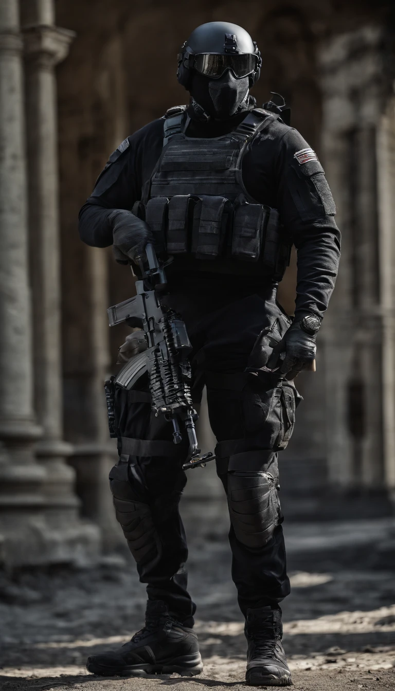 full body, no emblem, personal, squade . Clad in a sleek black tactical uniform and donning combat gear. Wears a tactical vest adorned with ammunition and equipment pouches. He embodies the qualities of a highly trained and skilled warrior