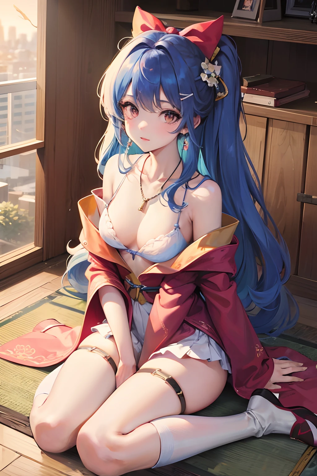 Masterpiece, Best quality, hindquarters_Visible_Through_Thighs, Cityscape, Real, A high resolution, Colorful, Girl, Long hair, Colored inner hair, curly_Hair, Beautiful detailed eyes, Light smile, Small breasts, Japanese_clothes, Obi, Frilled bra , white kneehighs, Earrings, Hair_bow, necklace, Sit on the, wariza/W-sitting, nipple tweak_thigh high,