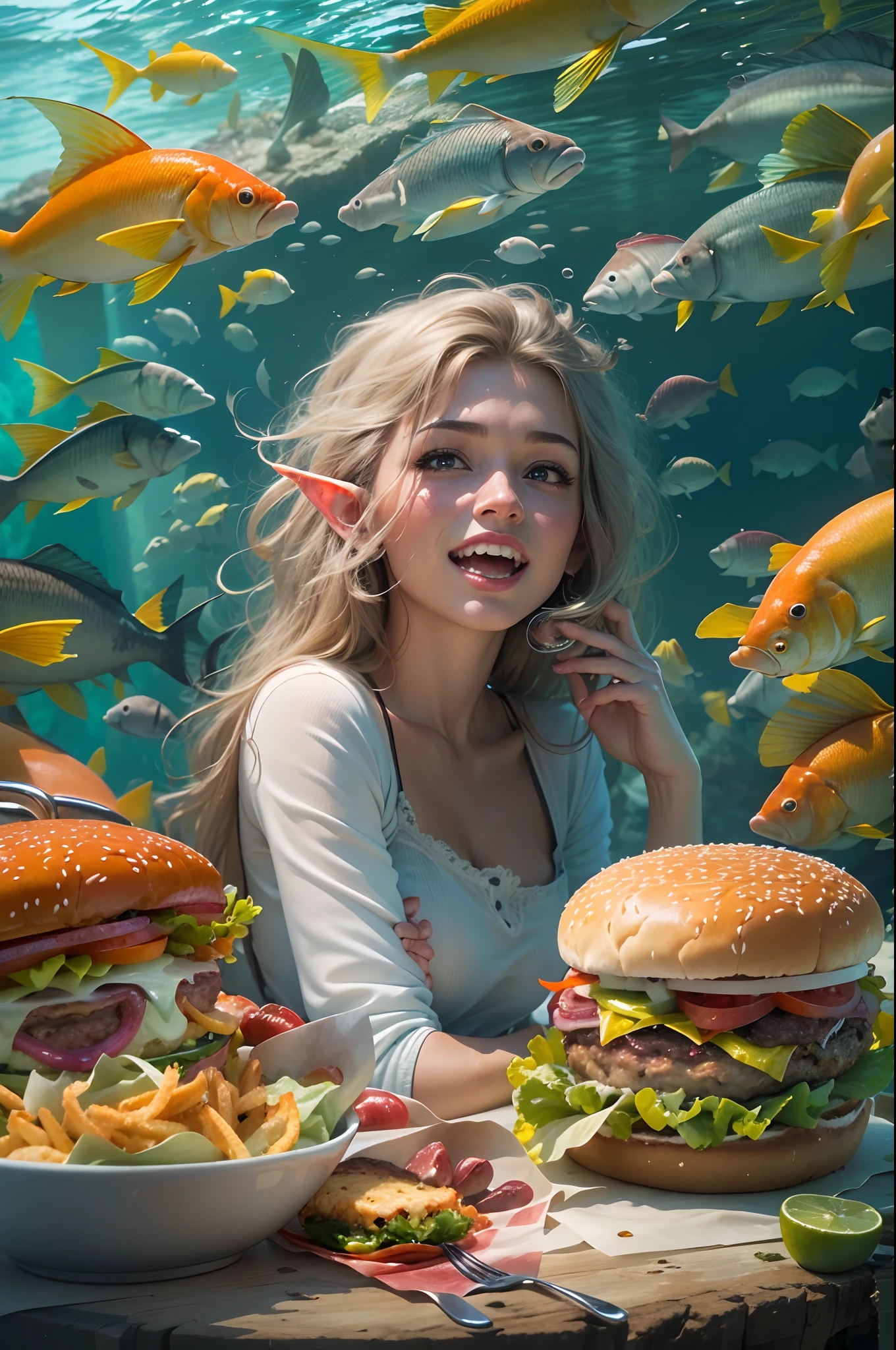 sportrait,(Hamburger in front of you)In the center of the picture,Fish Princess,long whitr hair,Vivid colors,ears of elf,joyful expressions,Prepare to bite into a burger,Juicy burger,Delicious food,Close-up shot。At the bottom of the sea,[Marine life],the reef.(Best quality,4K,8K,A high resolution,Masterpiece:1.2),((Realistic,Photorealistic,photo-realistic:1.37))