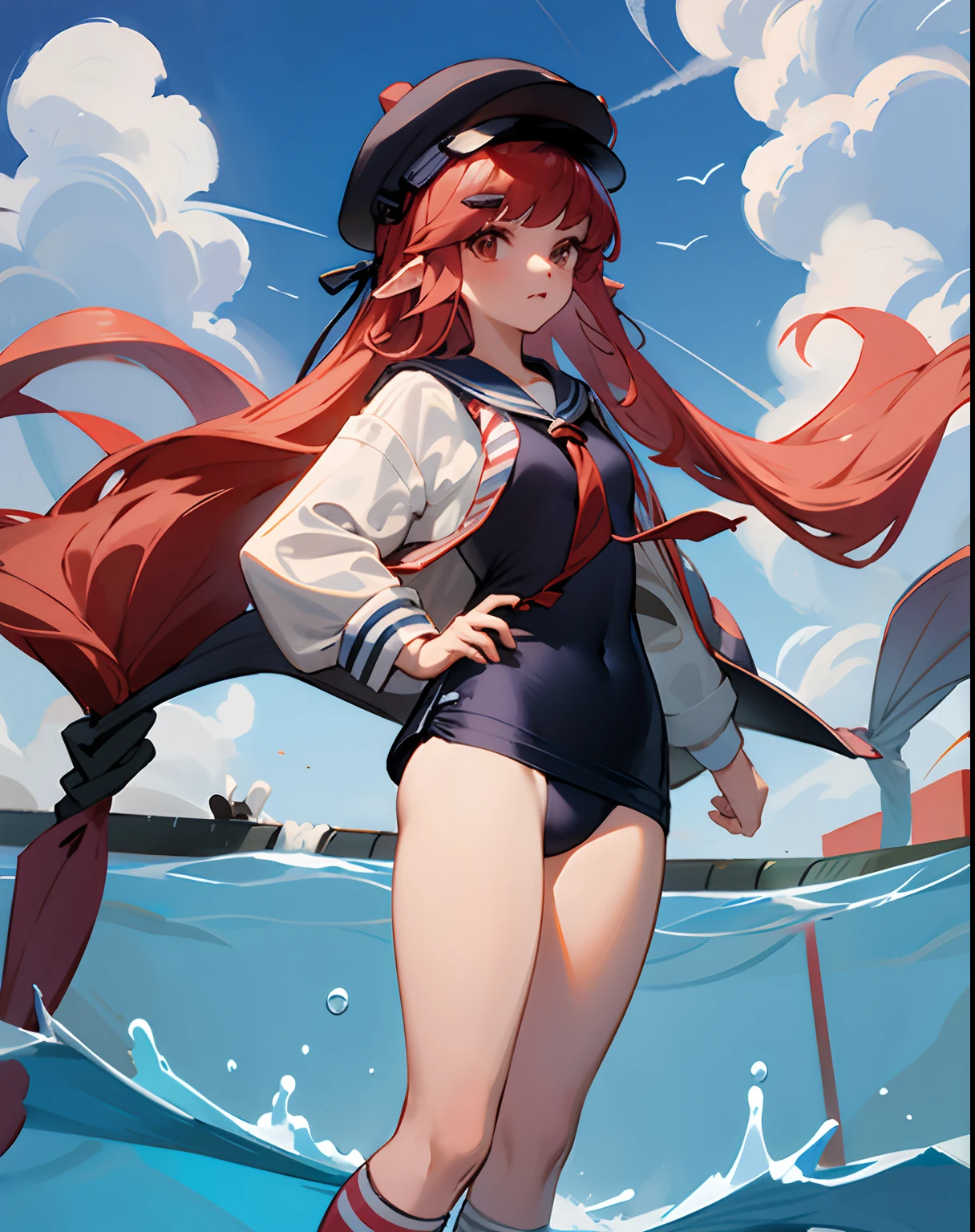 cropped shoulders,knee length socks,Stand up,With a hat on,standing straight,without wearing shoes,swimming uniform,a sailor suit