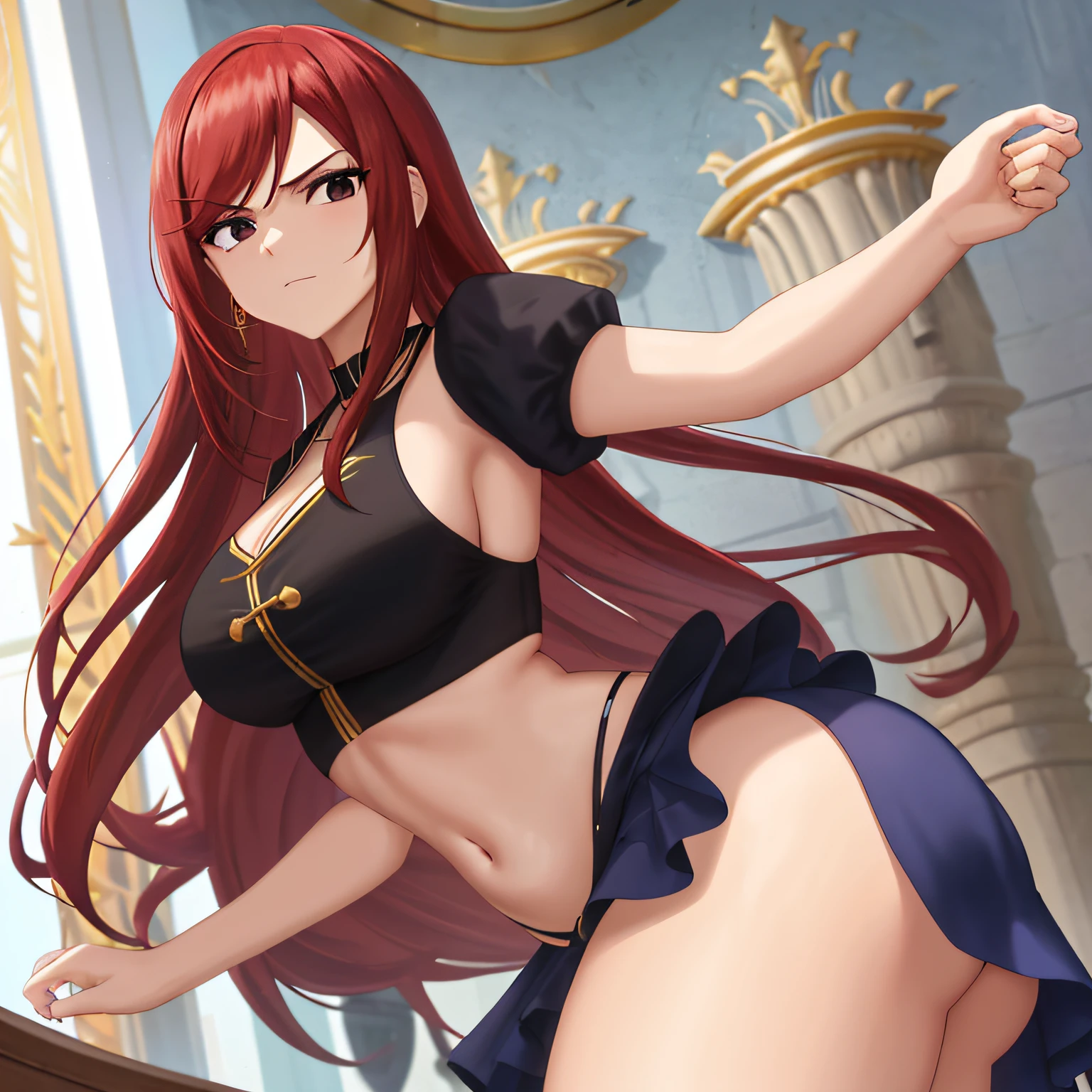 La mejor calidad, Erza, 1girl, solamente, largo_cabello, senos, Looking_en_espectador, inexpresivo, big size ass_senos, brown_ojos, escote, 鎖骨, rojo_cabello, cabello_sobre_Uno_ojo, trono, alta calidad, bailar, Dancer, Ropa de baile, barriga, stomach, Bedlah, Cara perfecta,ojos expresivos, black eyes , big breasts, armpits