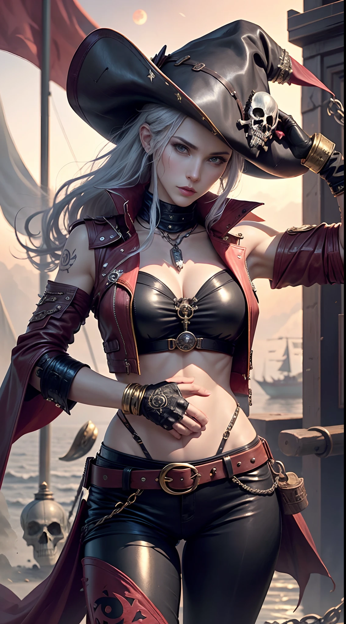 full body Esbian, of the highest quality, Intricate details , (Fine skin, Shiny skin, Shiny hair, pale complexion,Big breasts), Red sky, Red Moon, Sail ships, Pirate Ship, ((Flag skull mark)), ambitious, Seductive Woman, Gray hair, Long hair, Hair fluttering in the wind, Skull mask on half of the face, Detailed tattoos, leather clothes, sleeveless clothes, leather coat, Leather gloves, Solid Gold Bracelet, leather pant, Red pants, Pirate Hat , Hat with skull marker, (Leather Belt), Look far away