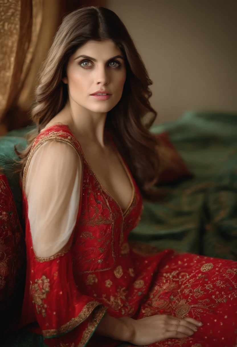 Alexandra Anna Daddario in afghan dress boobs in bed
