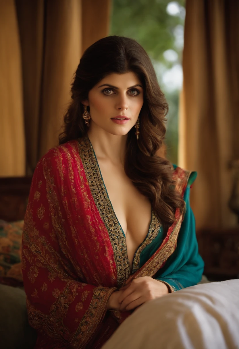 Alexandra Anna Daddario in afghan dress boobs in bed