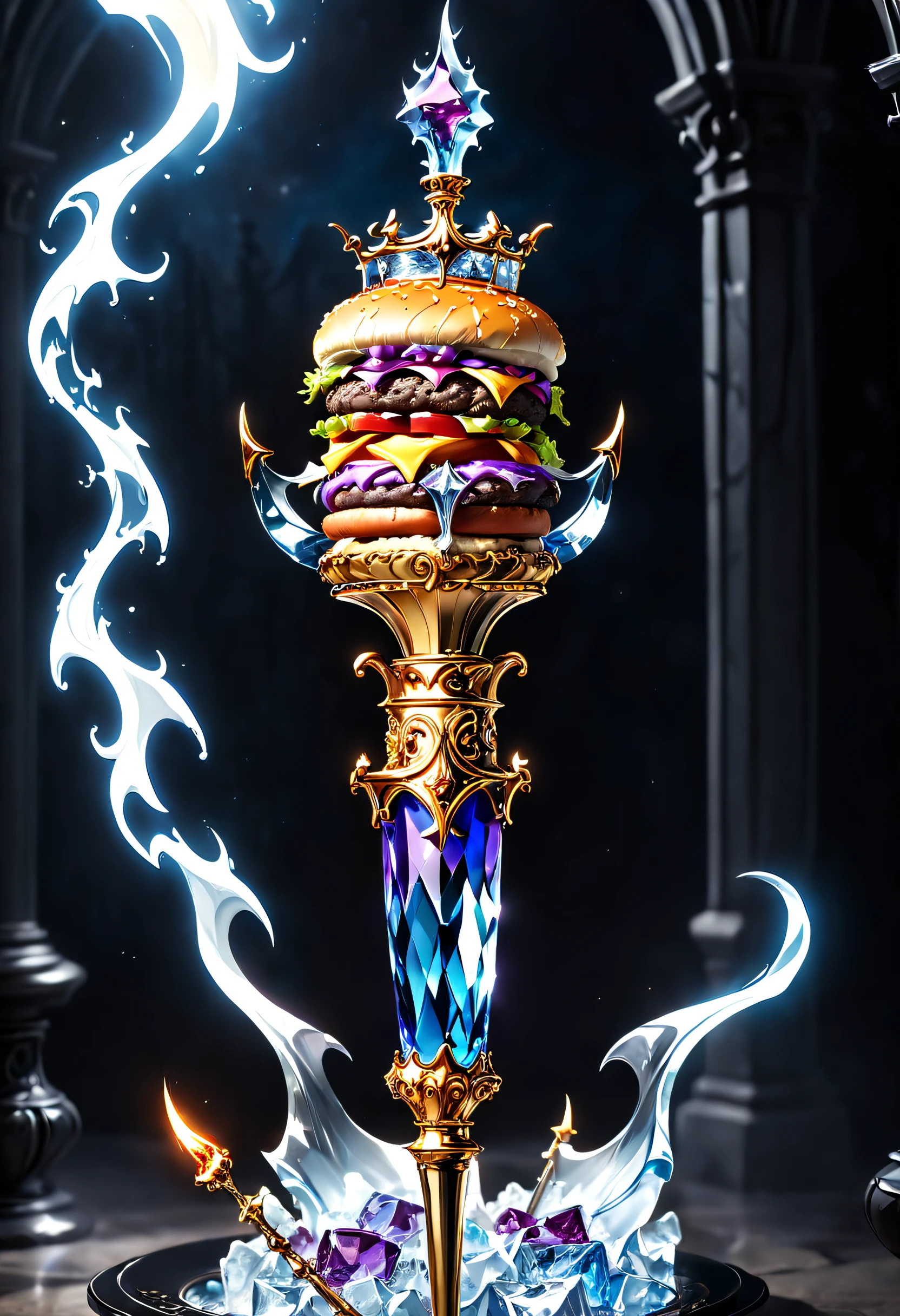 (8K, 16k, Award-winning, Highest quality, Highest resolution, Super detail, High detail, Anatomically correct, Masterpiece, Stunning beauty), Legendary scepter,The scepter has a burger on top，Scepter made of crystal and white gold，delicate craftsmanship , Hamburg Sceptre,Rare and precious, Intricate details,Golden flame,Purple magic,blue lightning,Magical ice world background，(gothic art style:1.5)，A burger scepter with magic