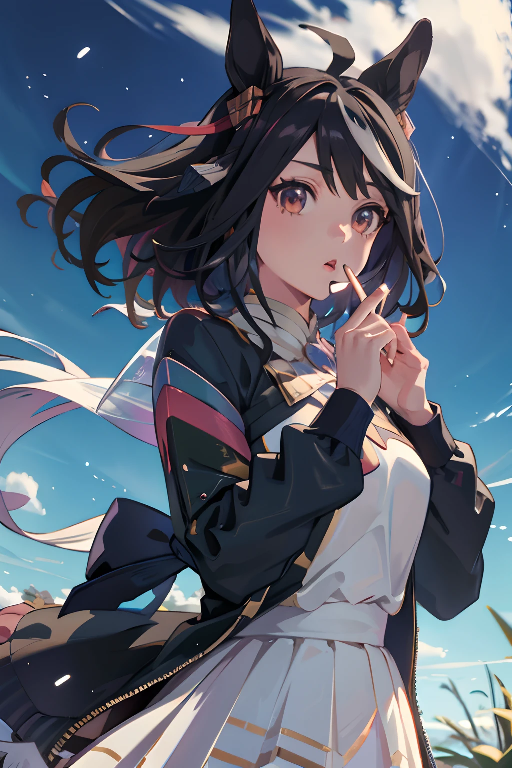 Official art, Unity 8k Wallpapers, ultra-detailliert, Beautifully Aesthetic, masterpiece, top-quality, realisitic, a closeup, Skindentation, interface, A detailed eye, A detailed face, detailed hairs, black backgrounds, straight-on, looking at the viewers, The sheen, Anime, looking at viewer with a cigarette in her mouth, highly detailed with reflections transparent iridescent opaque jacket, Long transparent iridescent RGB hair, 1girl in, Solo, fronds, Long hair, Blurry, Shirt, Parted lips, Outdoors, Floating hair, Long sleeves, White shirt, Bangs, Upper body, Open mouth, tusk, Brown eyes, Wind, Winters,Yuki,snowscape,Blurry background, day, depth of fields, bug, Uma Musume,kitasan black