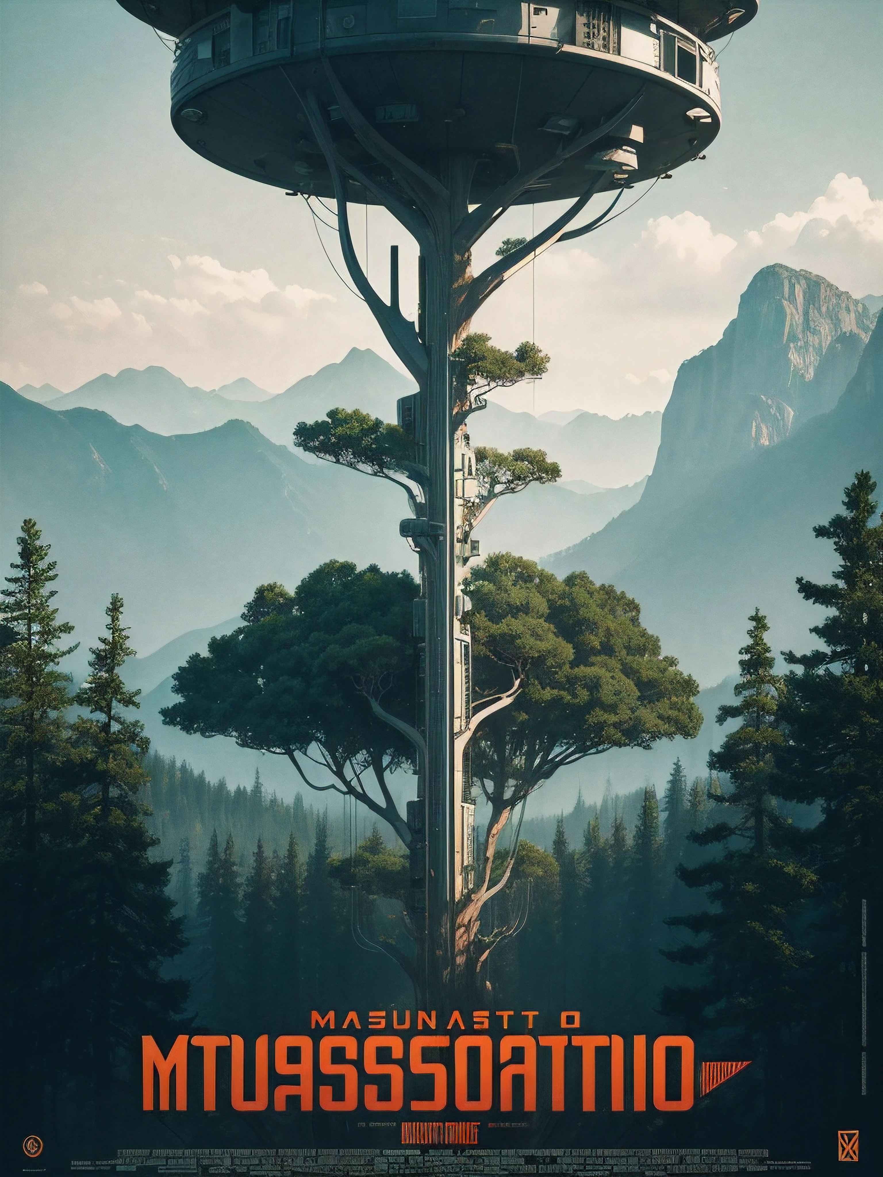 (Masterpiece, Best Quality), 8k Wallpaper, highly detailed, poster, vintage futuristic, 1960s, tree cybernetic sustainability and nature thriller cinematic movie poster, Bauhaus, shapes, lines, abstract, propaganda, mid century modern, movie poster, vintage,