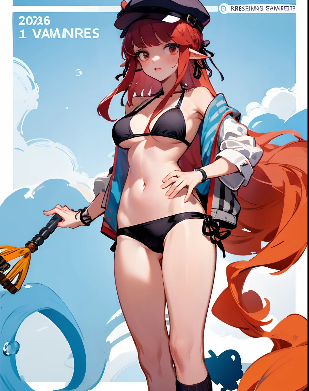 cropped shoulders,knee length socks,Stand up,With a hat on,standing straight,without wearing shoes,Bikini swimsuit,Leaking out of the stomach,Bigboobs