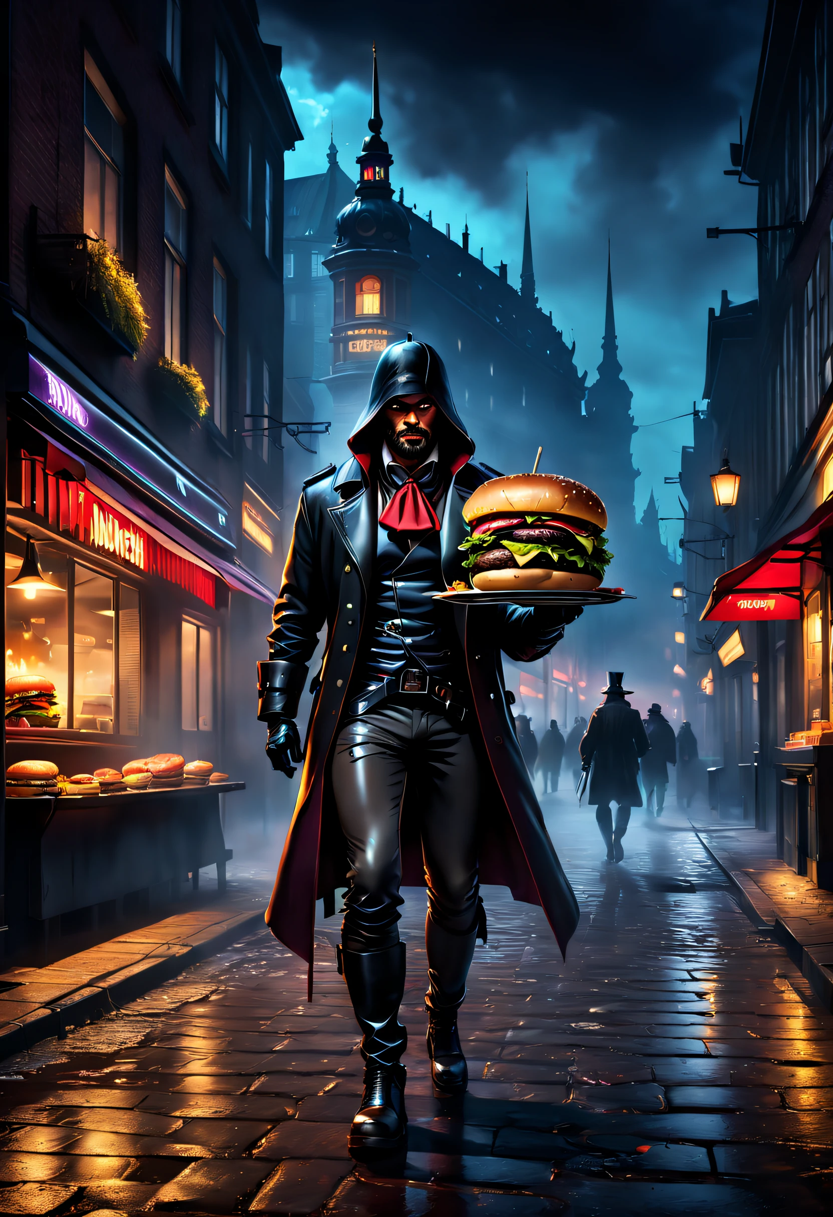 Hamburg transforms into a beautiful assassin,Legendary hamburger👑,Midnight transforms,Hamburger art,Extraordinary details,shadowy figure,urban surroundings,Dark and mysterious atmosphere,Evocative lighting,Breathtaking realism,Vibrant colors,Meticulous brushstrokes,magical aura,enticing aroma,secret recipe,masterful composition,Engaging storytelling,A culinary masterpiece,Hamburg masterpiece
