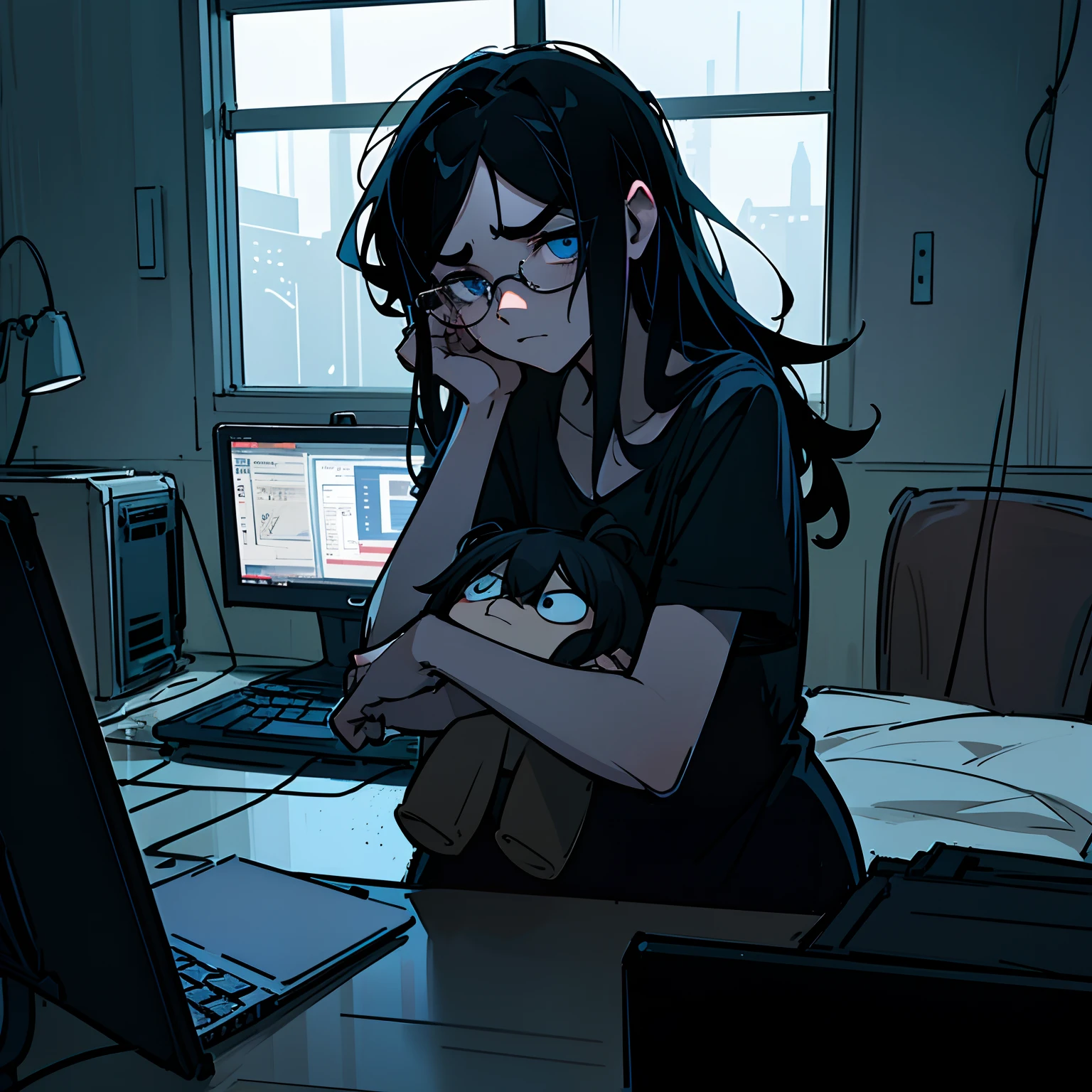 volumetric lighting, ambient lighting, highres, masterpiece, 8k, (dark blue eyes with dark circles), tired, melancholy, depressed, detailed black hair, (messy hair), long hair, disheveled, unwashed, thick eyebrows, black camisole, (wearing glasses), rainy window in background, laptop computer, multiple tangled black electrical cables, led lights, plushie