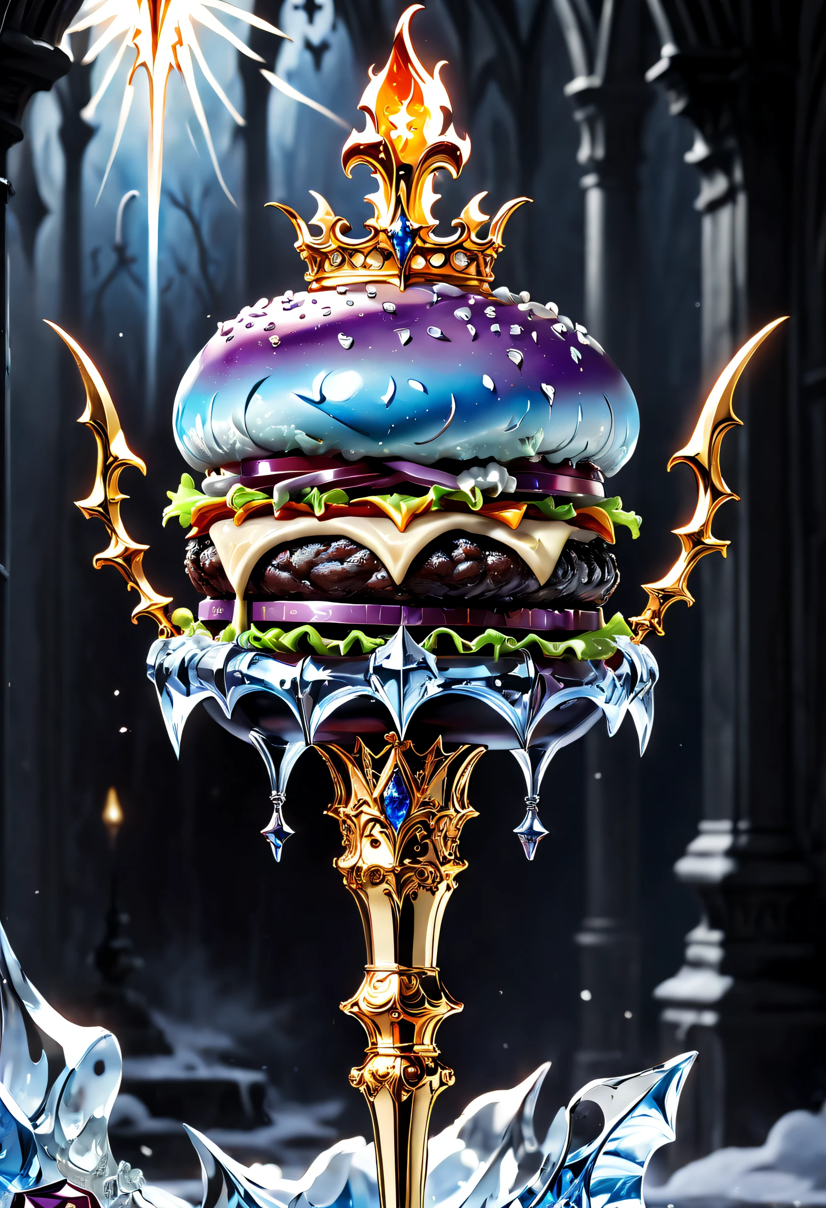 (8K, 16k, Award-winning, Highest quality, Highest resolution, Super detail, High detail, Anatomically correct, Masterpiece, Stunning beauty), Legendary scepter,The scepter has a burger on top,Scepter made of crystal and white gold,delicate craftsmanship , Hamburg Sceptre,Rare and precious, Intricate details,Golden flame,Purple magic,blue lightning,Magical ice world background,(gothic art style:1.5)