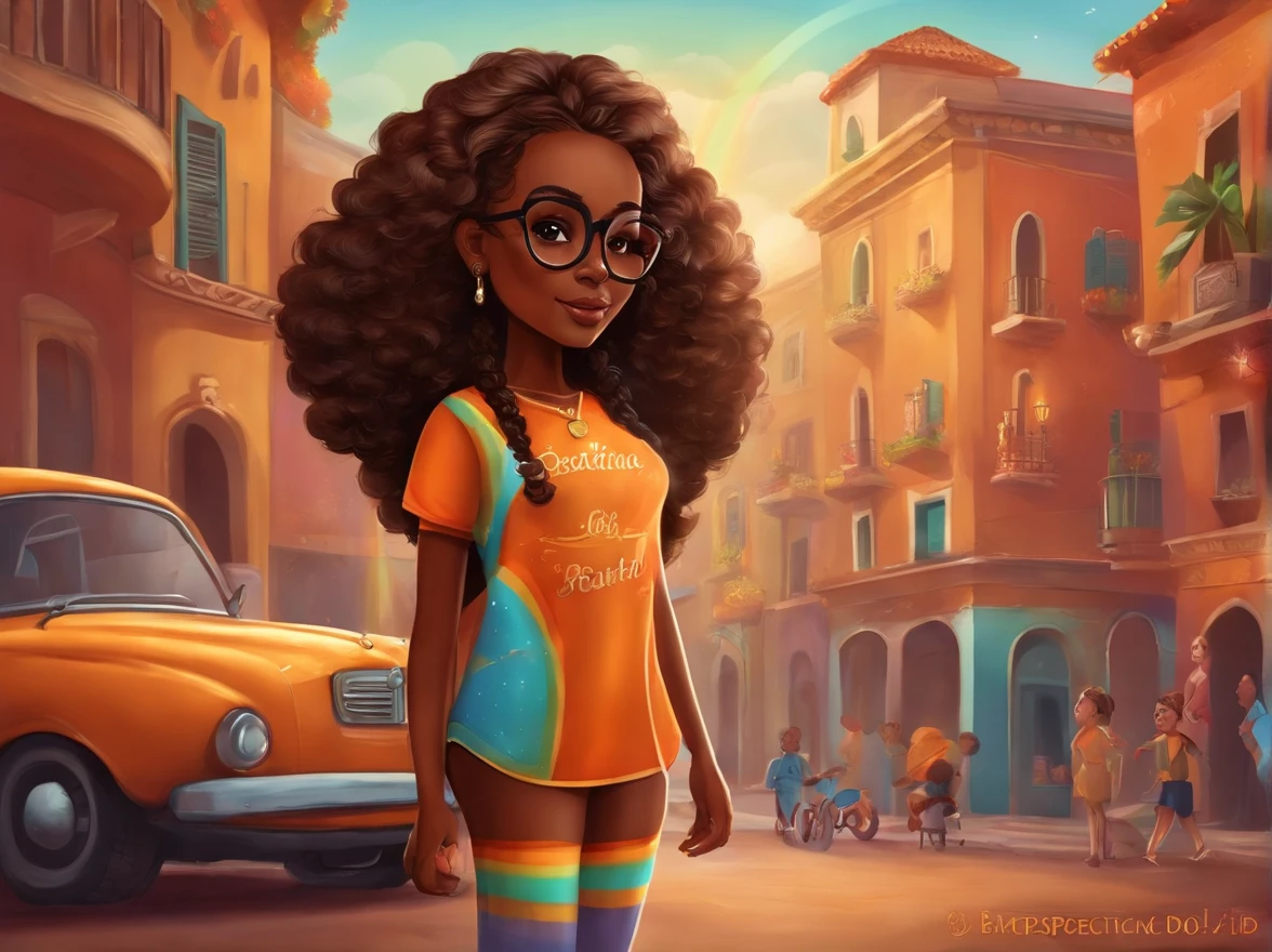 africana, cabelo cacheado, chibi, corpo inteiro, olhos grandes e castanhos, sentada, In the background a rainbow with the word "BEATRIZ",Background Silica Color, com vestido laranja, bespectacled, imagem 3d