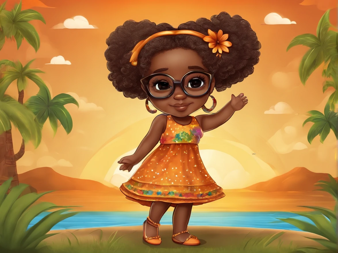 menina africana, cabelo cacheado, chibi, corpo inteiro, olhos grandes e castanhos, sentada, In the background a rainbow with the word "BEATRIZ",Background Silica Color, com vestido laranja, bespectacled, imagem 3d