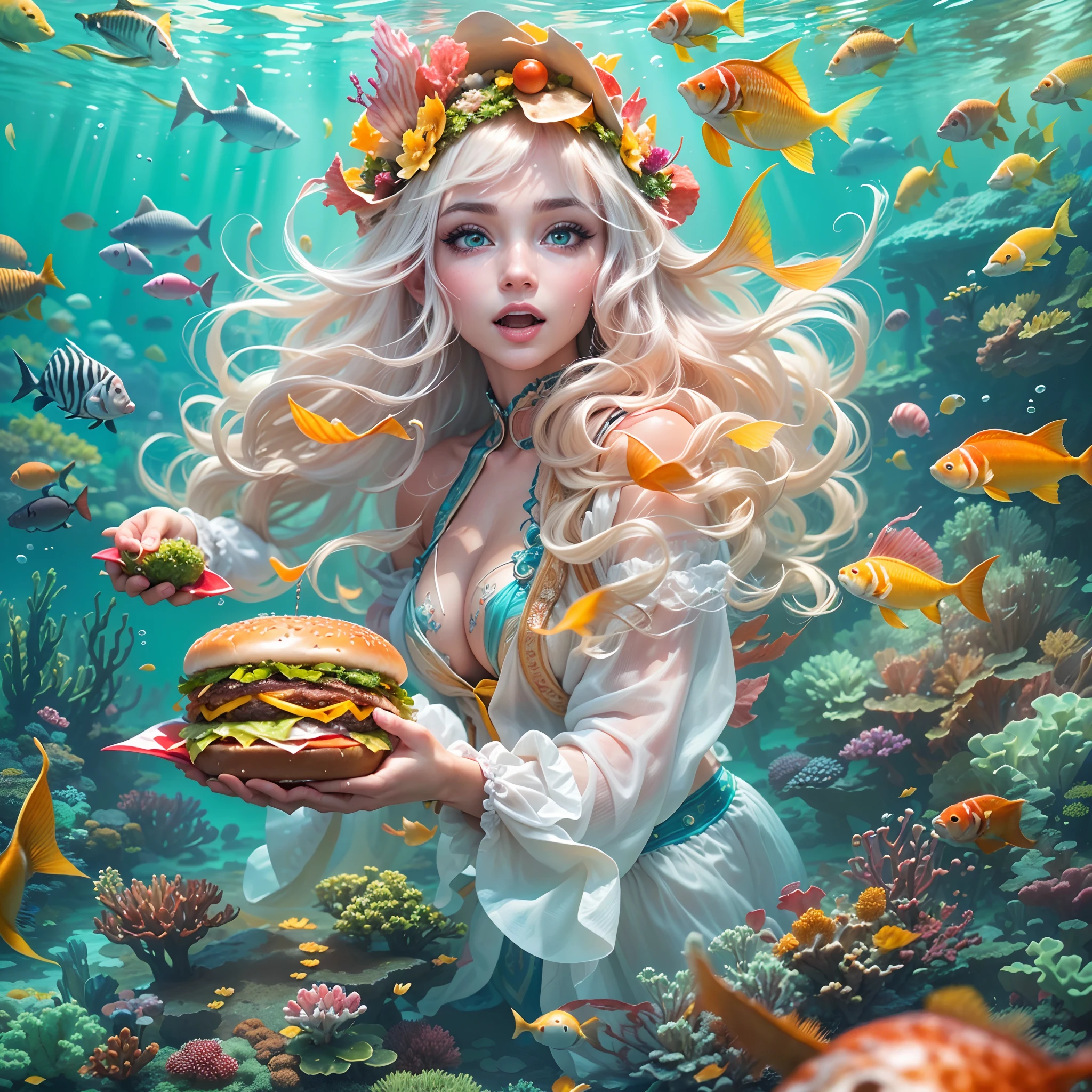 A hamburger in the center of the picture,Fish Princess,long whitr hair,Vivid colors,ears of elf,joyful expressions,Prepare to eat a juicy burger,Delicious food,Close-up shot。Being in the underwater world,the reef.((Realistic,Photorealistic,photo-realistic:1.37))