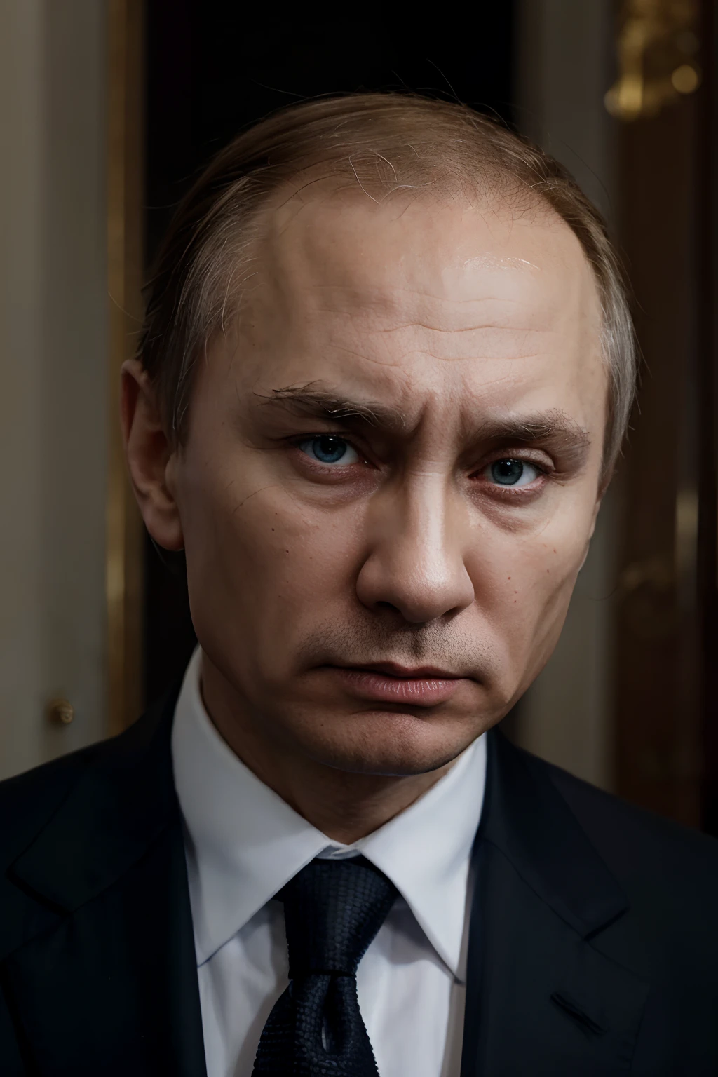 Vladimir Putin, the current President of Russia, in an ultra-realistic and high-quality portrait. He is in a formal setting, perhaps his office in the Kremlin. Putin is dressed in his characteristic formal attire - a sharply cut dark suit, a crisp white shirt, and a sober tie. His short hair is neatly combed back, and his blue eyes are focused and intense. The expression on his face is one of controlled anger - his eyebrows are furrowed, his lips are firmly closed, and there is visible tension in his jaw. The light falls in such a way that it accentuates the lines of his face, making the anger even more palpable. The image should capture the intensity of Putin’s emotion and the strength of his personality