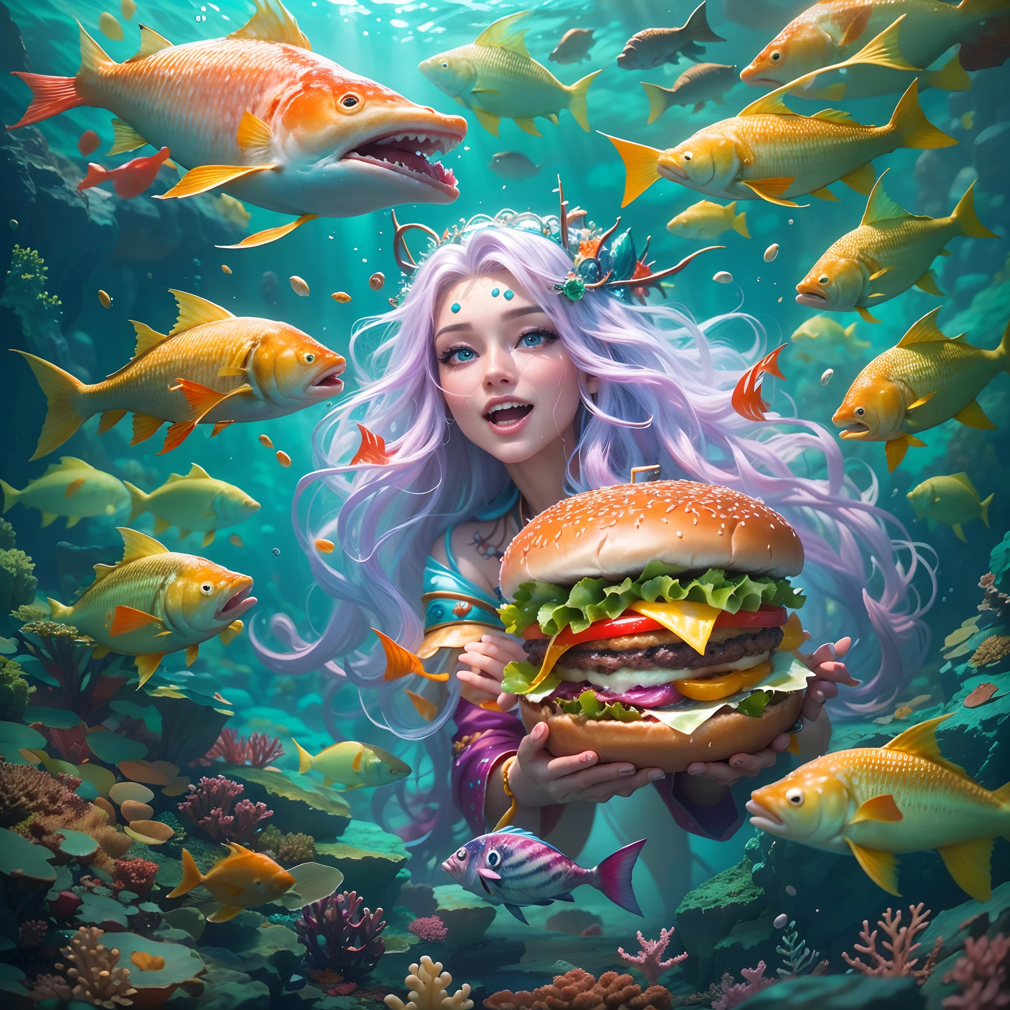 A hamburger in the center of the picture,Fish Princess,long whitr hair,Vivid colors,ears of elf,joyful expressions,Prepare to eat a juicy burger,Delicious food,Close-up shot。Being in the underwater world,the reef.((Realistic,Photorealistic,photo-realistic:1.37))