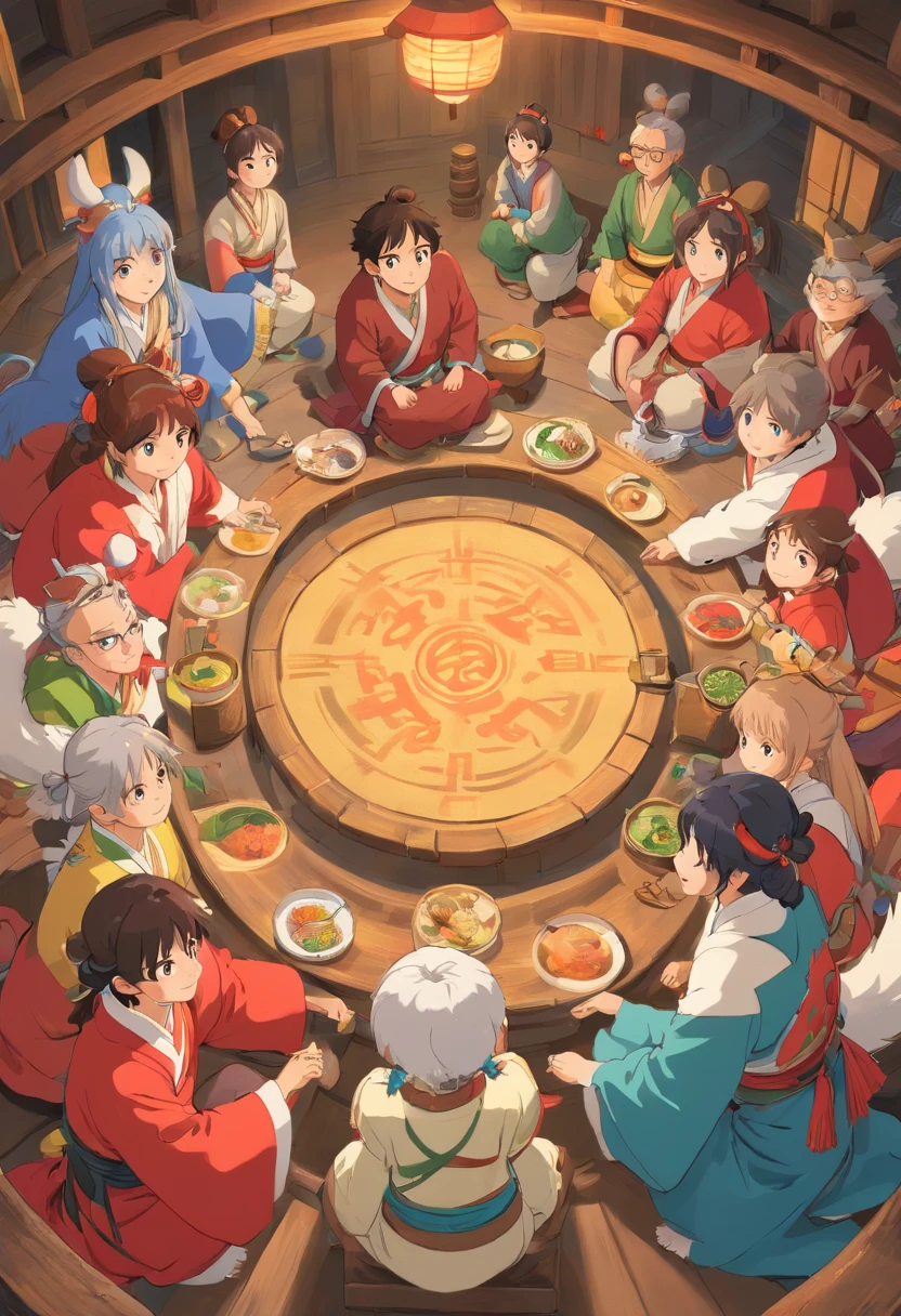Men and women wear Zhuang costumes（Men and women sit in a circle，Look lively）