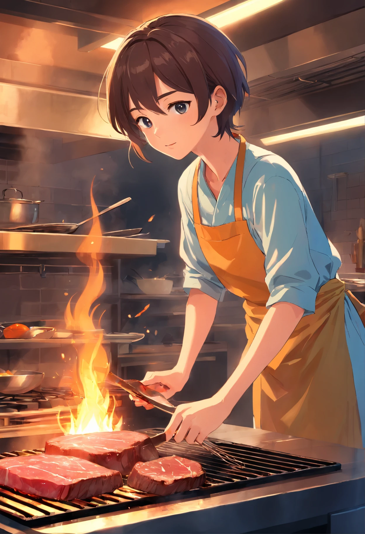 The character is cooking a steak on a huge fire, In the style of the star art group Xing, Realistic portrait, Handsome, gongbi, Romantic Academia, event, pastoral charm , 32K, Best Quality, masutepiece, Super Detail, high details