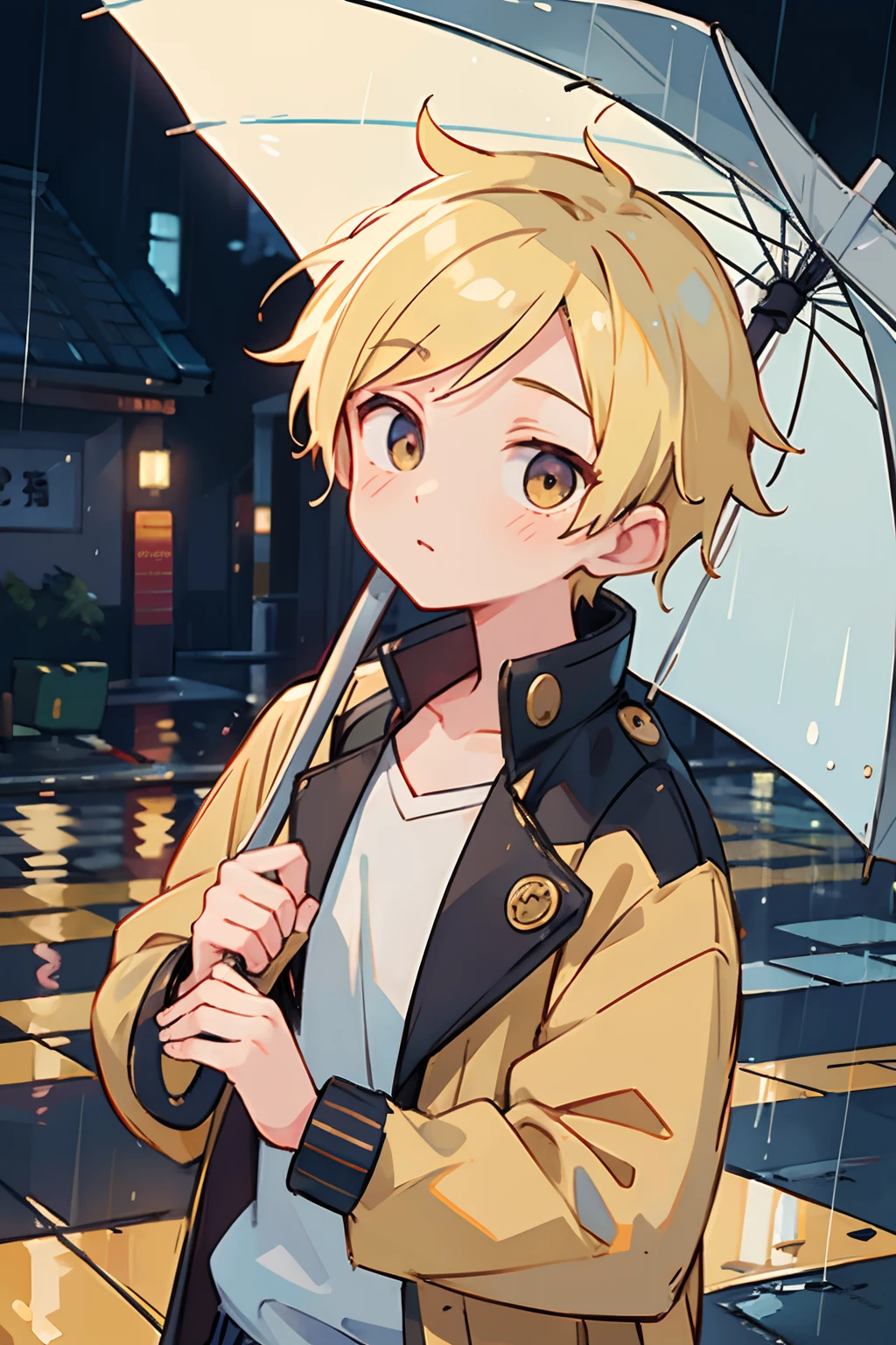 kpop anime boy wearing a jacket while holding an umbrella, blond hair, curious face, rainy streets at night, high quality shot