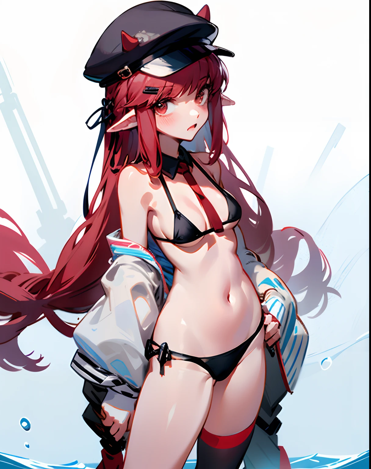 cropped shoulders，knee length socks，Stand up，With a hat on，standing straight，without wearing shoes，Bikini swimsuit，Leaking out of the stomach，Bigboobs