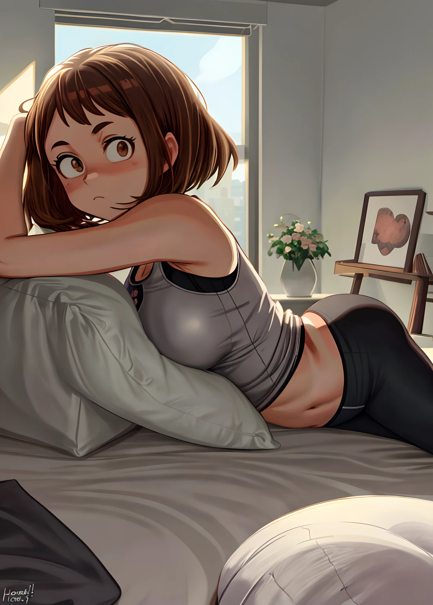 [ochako uraraka], [Boku no hero academia], ((masterpiece)), ((HD)), ((high quality)), ((solo portrait)), ((side view)), ((upper body)), ((anime)), ((Kohei Horikoshi)), ((detailed shading)), ((cel shading)), ((intricate details)), {ochako, (rosy cheeks), (big round brown eyes), short brown hair, short eyelashes, large boobs, (gorgeous hips), (beautiful legs), (expressionless), (calm)}, {(white tank top), (black spandex yoga pants)}, {(on bed), (head on pillow), (hands behind head), (looking at viewer)}, [Background; (bedroom), (sun rays)]