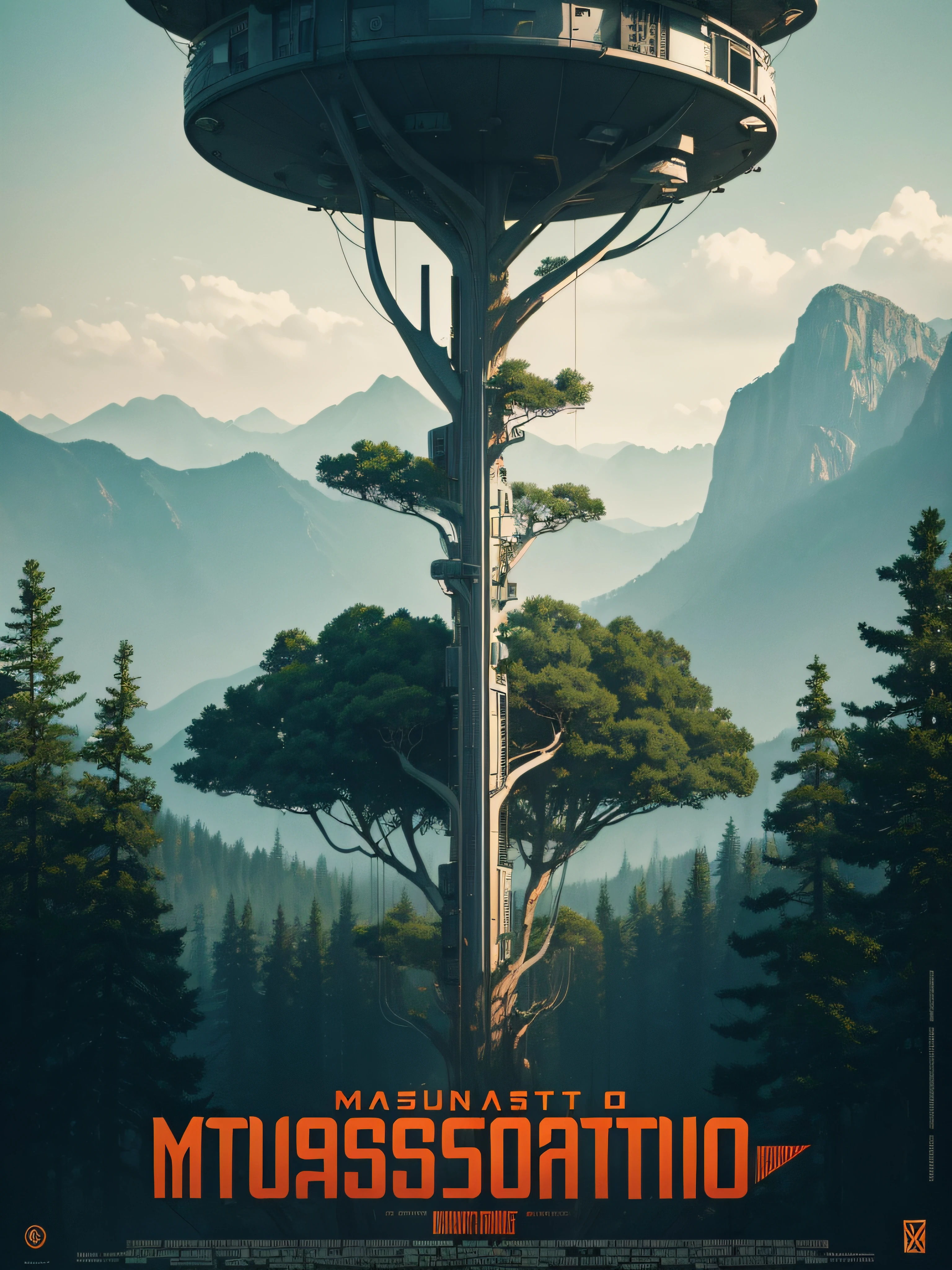 (Masterpiece, Best Quality), 8k Wallpaper, highly detailed, poster, vintage futuristic, 1960s, tree cybernetic sustainability and nature thriller cinematic movie poster, Bauhaus, shapes, lines, abstract, propaganda, mid century modern, movie poster, vintage,